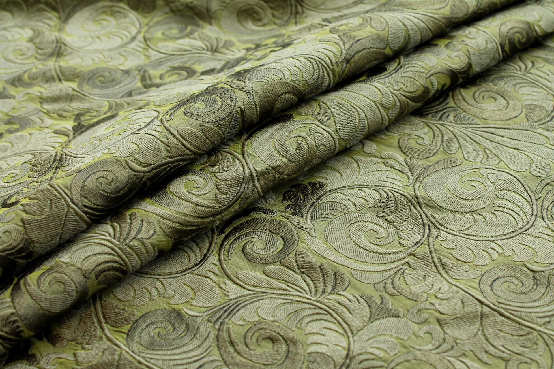 New Large Swirl Embroidered Dupion - Olive Green - 135cm fabric