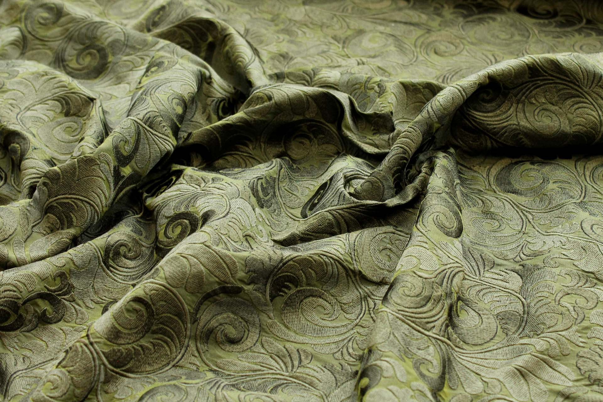 New Large Swirl Embroidered Dupion - Olive Green - 135cm fabric, image 6 of 7