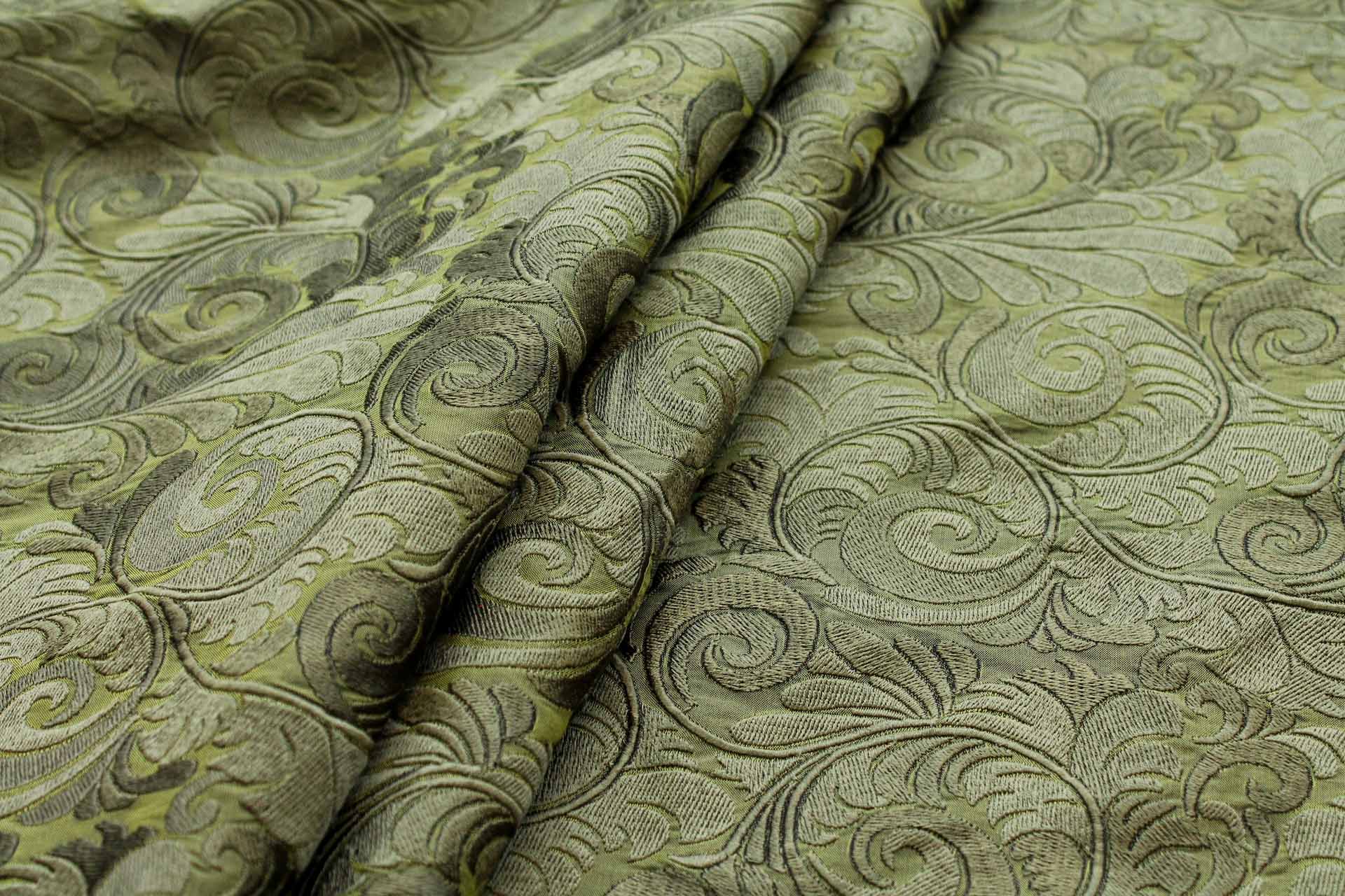 New Large Swirl Embroidered Dupion - Olive Green - 135cm fabric, image 7 of 7