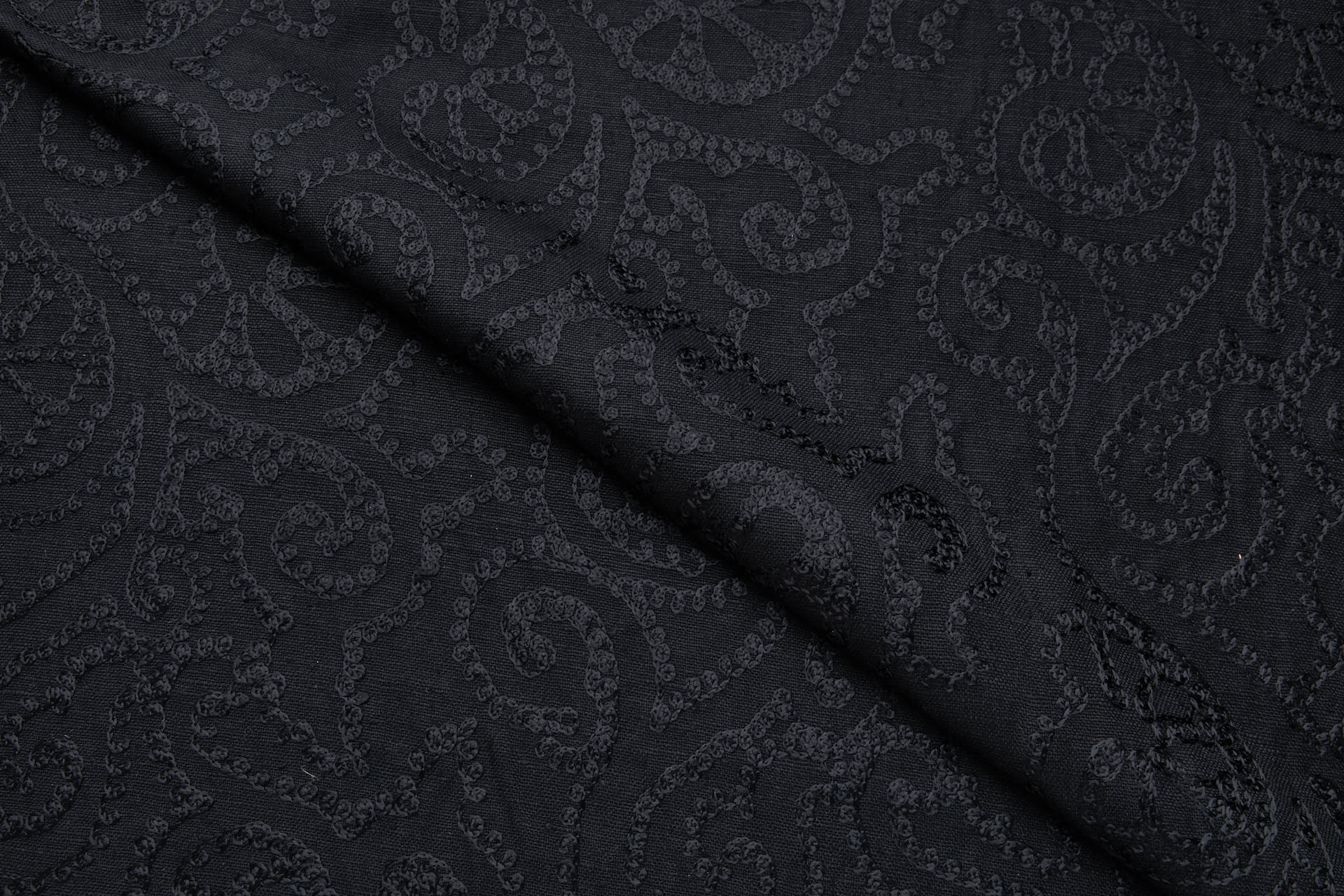 Black Flossy Crewel Emboidery on Mercerised Black Cotton fabric, image 4 of 8