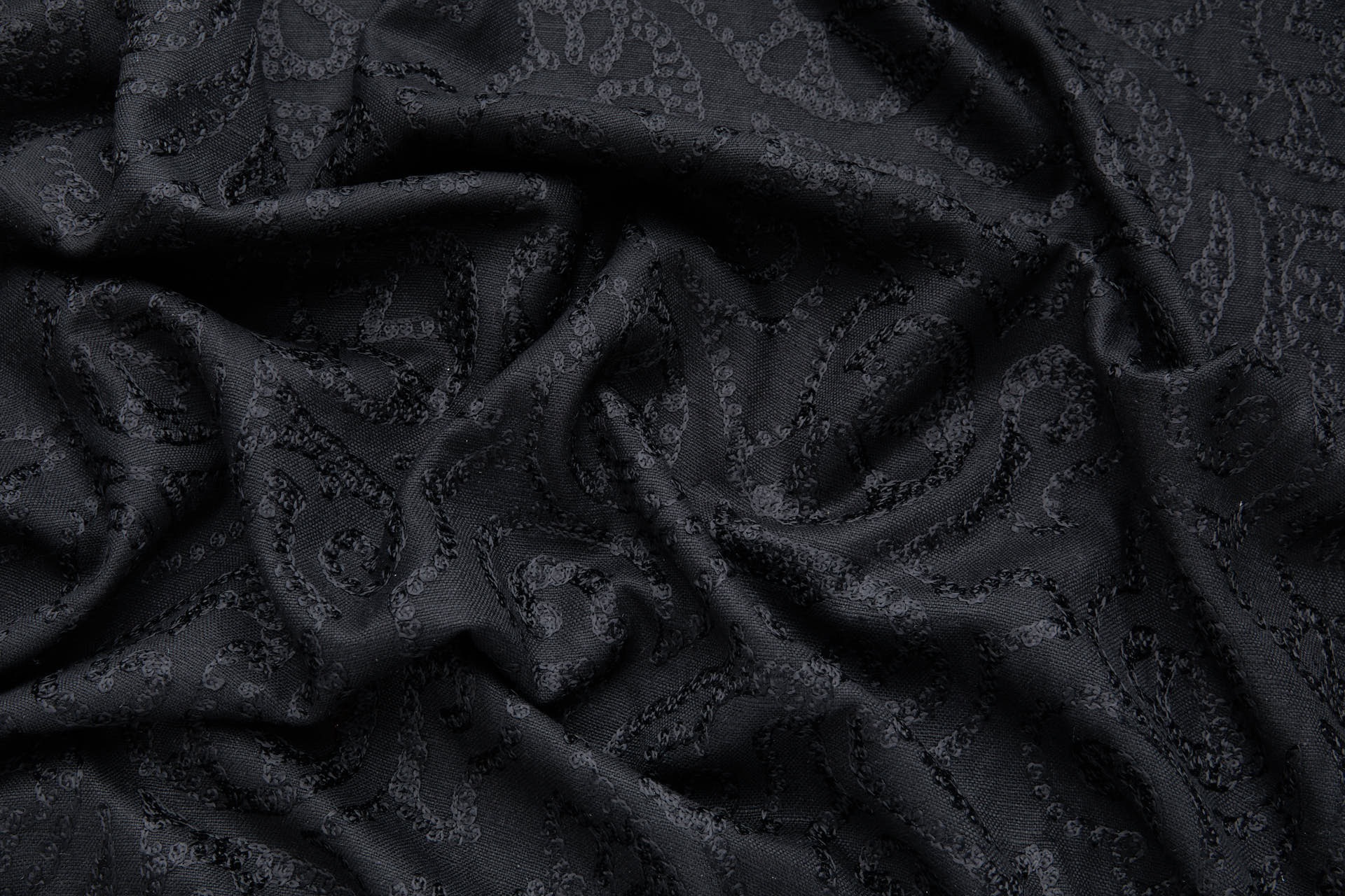 Black Flossy Crewel Emboidery on Mercerised Black Cotton fabric, image 7 of 8