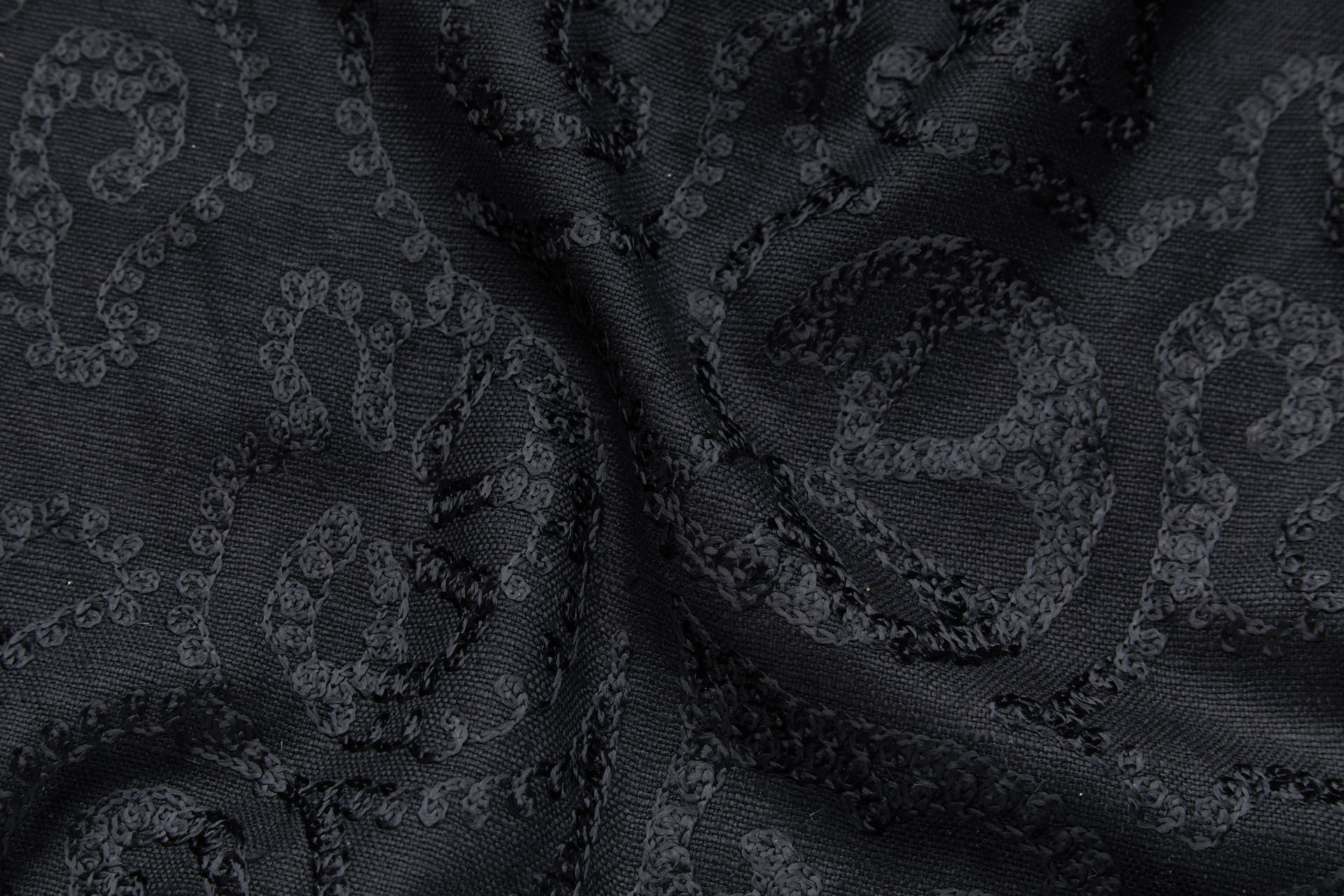 Black Flossy Crewel Emboidery on Mercerised Black Cotton fabric, image 2 of 8
