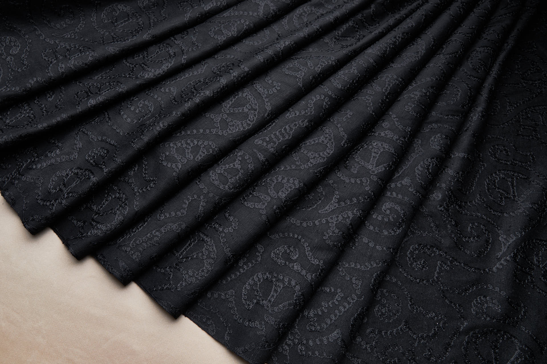 Black Flossy Crewel Emboidery on Mercerised Black Cotton fabric