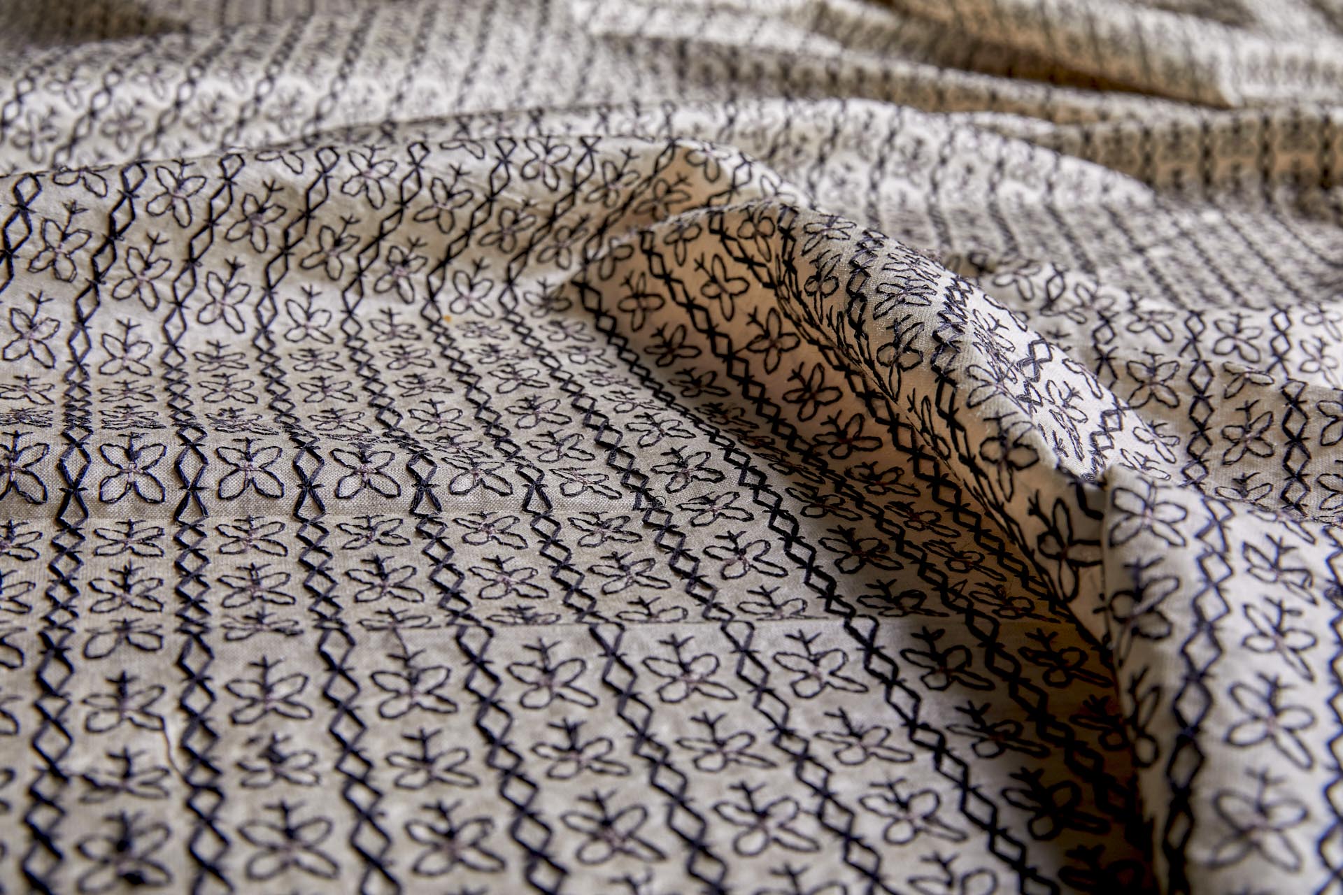 Black Graphic Embroidery on Cream Silk Tassar fabric, image 8 of 9