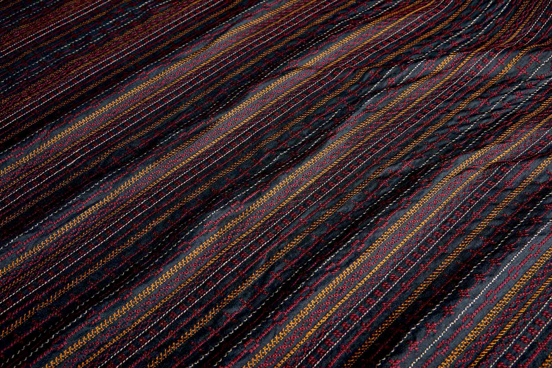 Red, Orange and Pinkish Grey Line Embroidery on Inky Black Silk Tassar / Tussah fabric, image 2 of 10