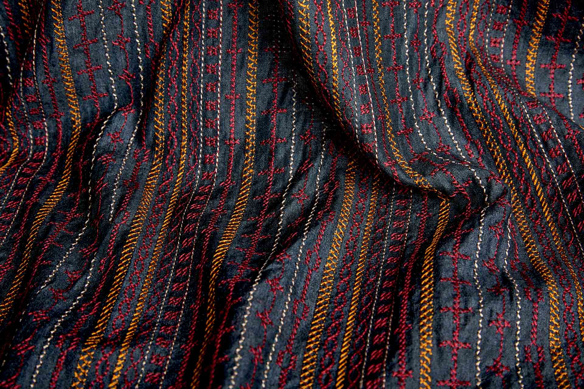 Red, Orange and Pinkish Grey Line Embroidery on Inky Black Silk Tassar / Tussah fabric, image 9 of 10
