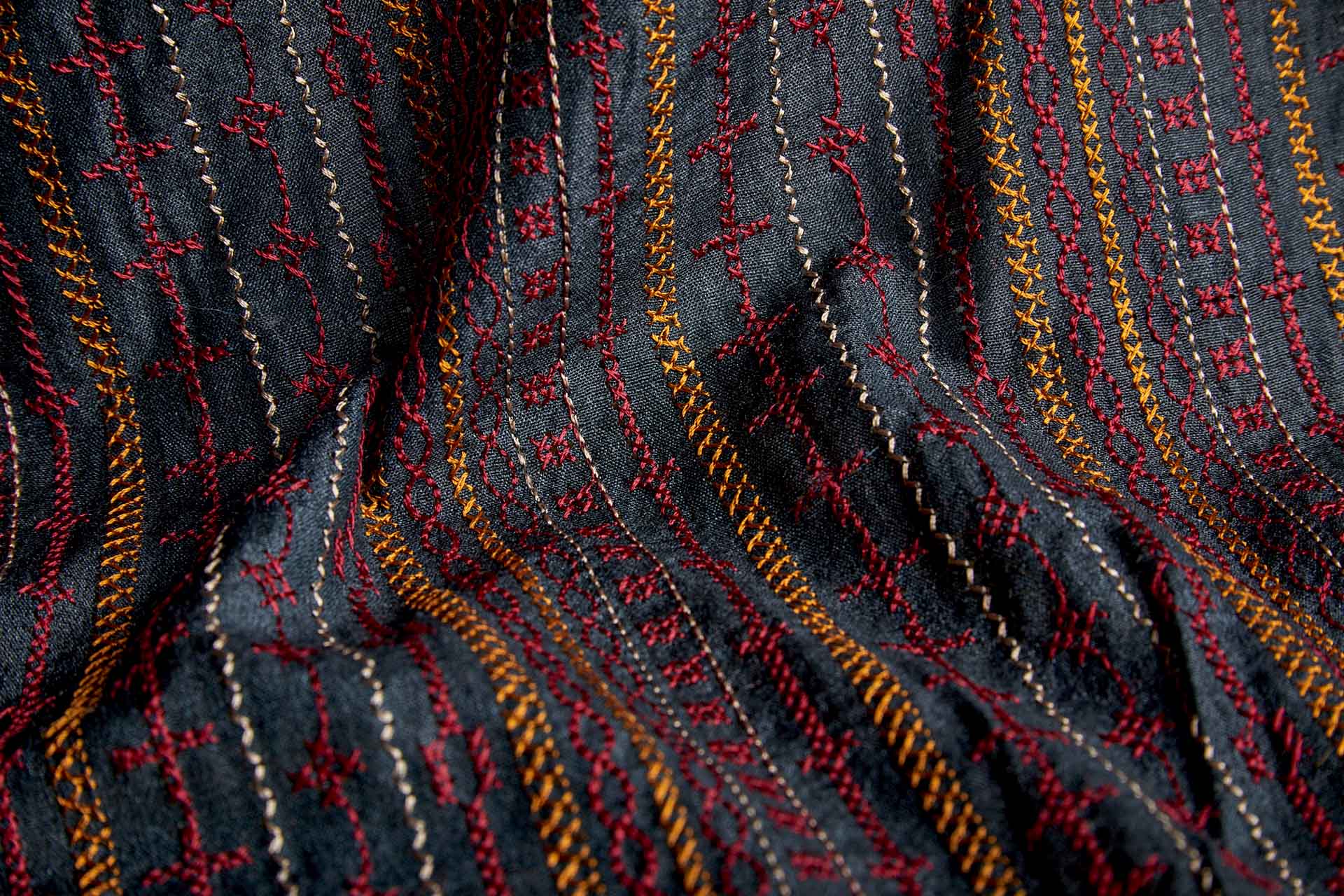 Red, Orange and Pinkish Grey Line Embroidery on Inky Black Silk Tassar / Tussah fabric, image 6 of 10