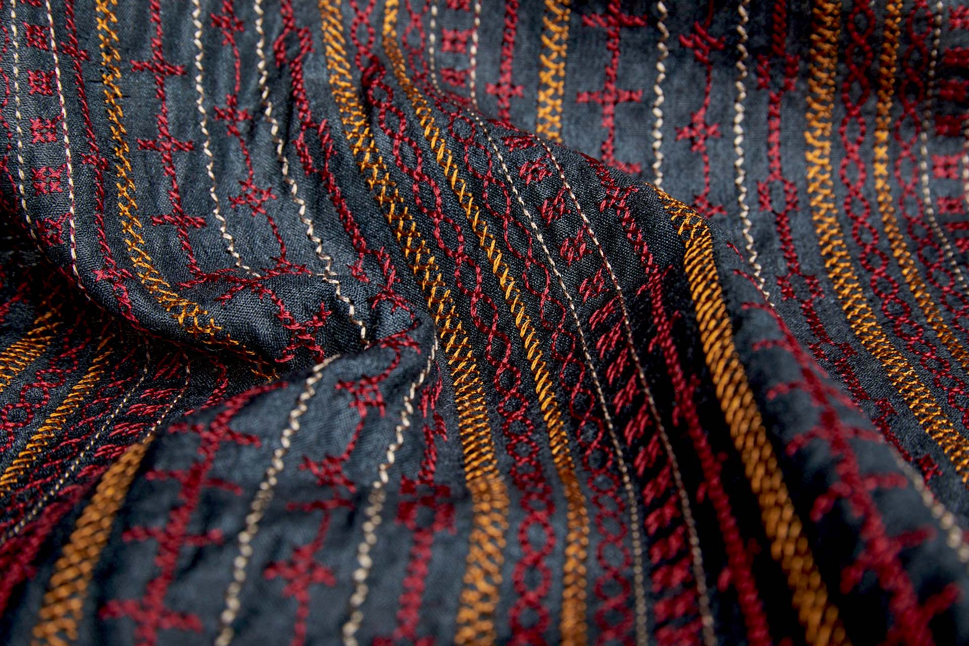 Red, Orange and Pinkish Grey Line Embroidery on Inky Black Silk Tassar / Tussah fabric, image 4 of 10