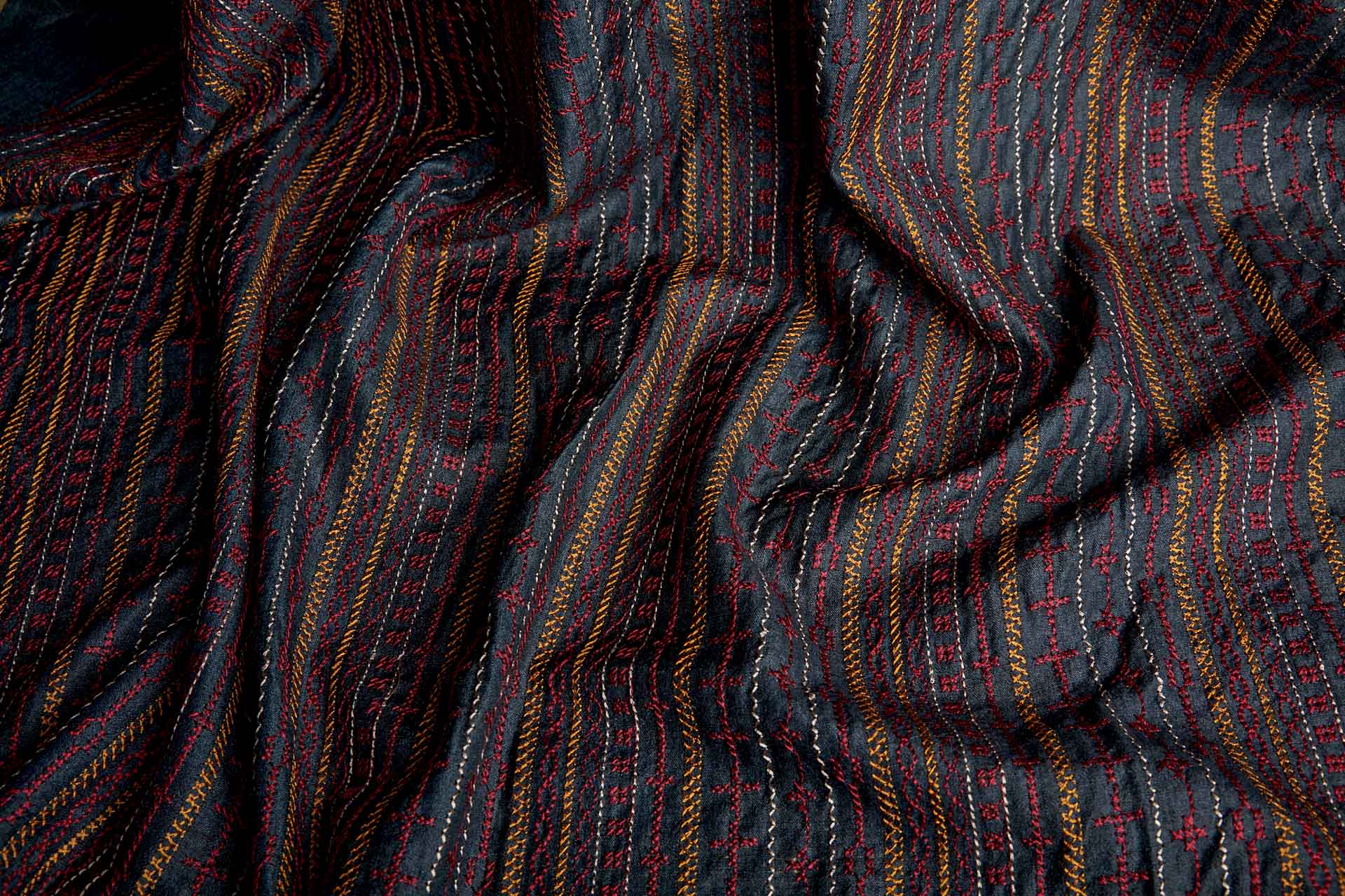 Red, Orange and Pinkish Grey Line Embroidery on Inky Black Silk Tassar / Tussah fabric, image 10 of 10