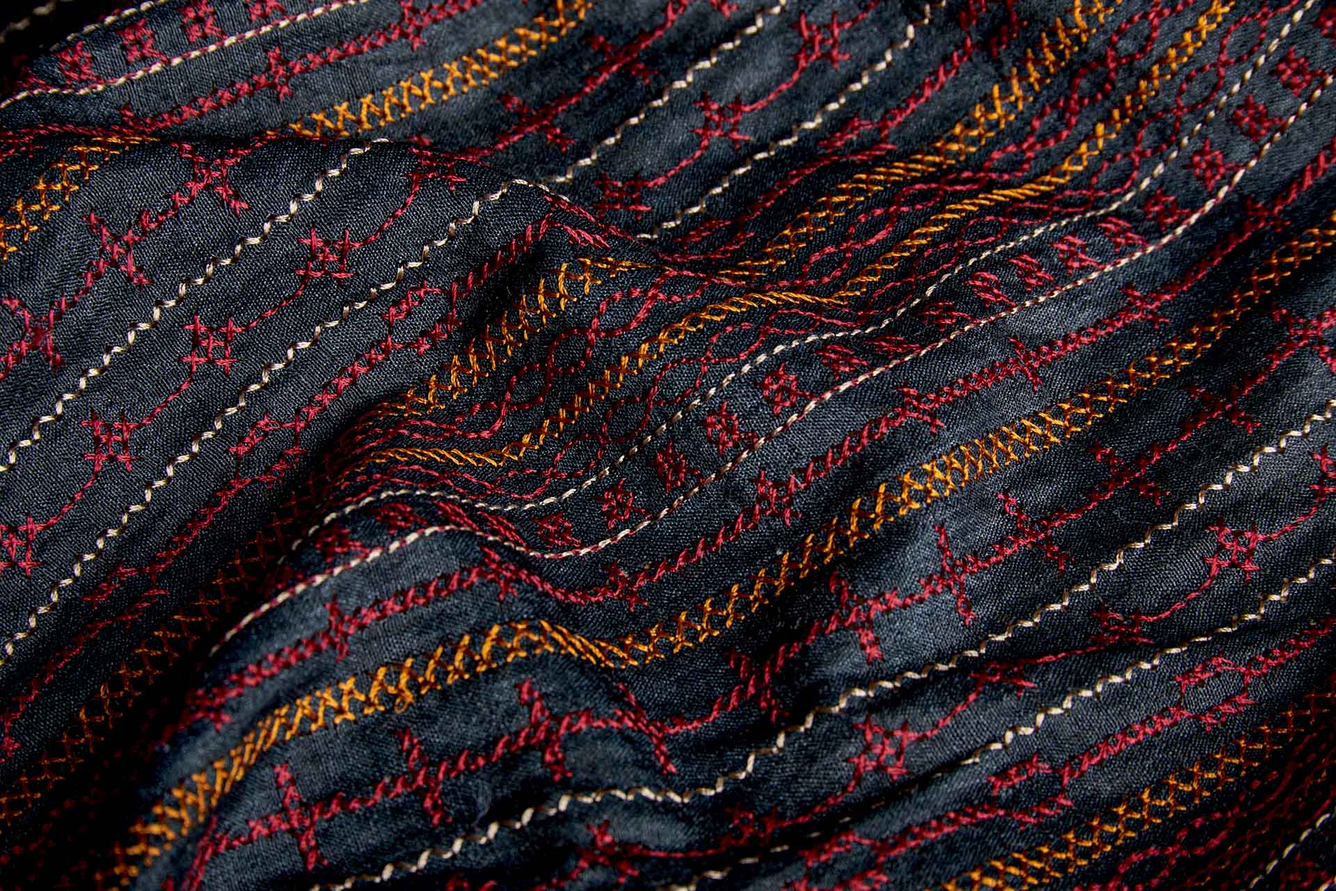 Red, Orange and Pinkish Grey Line Embroidery on Inky Black Silk Tassar / Tussah fabric