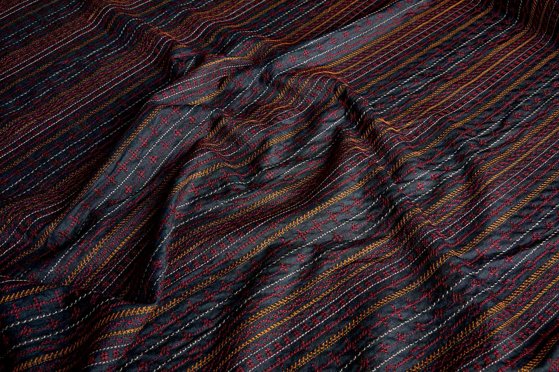 Red, Orange and Pinkish Grey Line Embroidery on Inky Black Silk Tassar / Tussah fabric, image 5 of 10