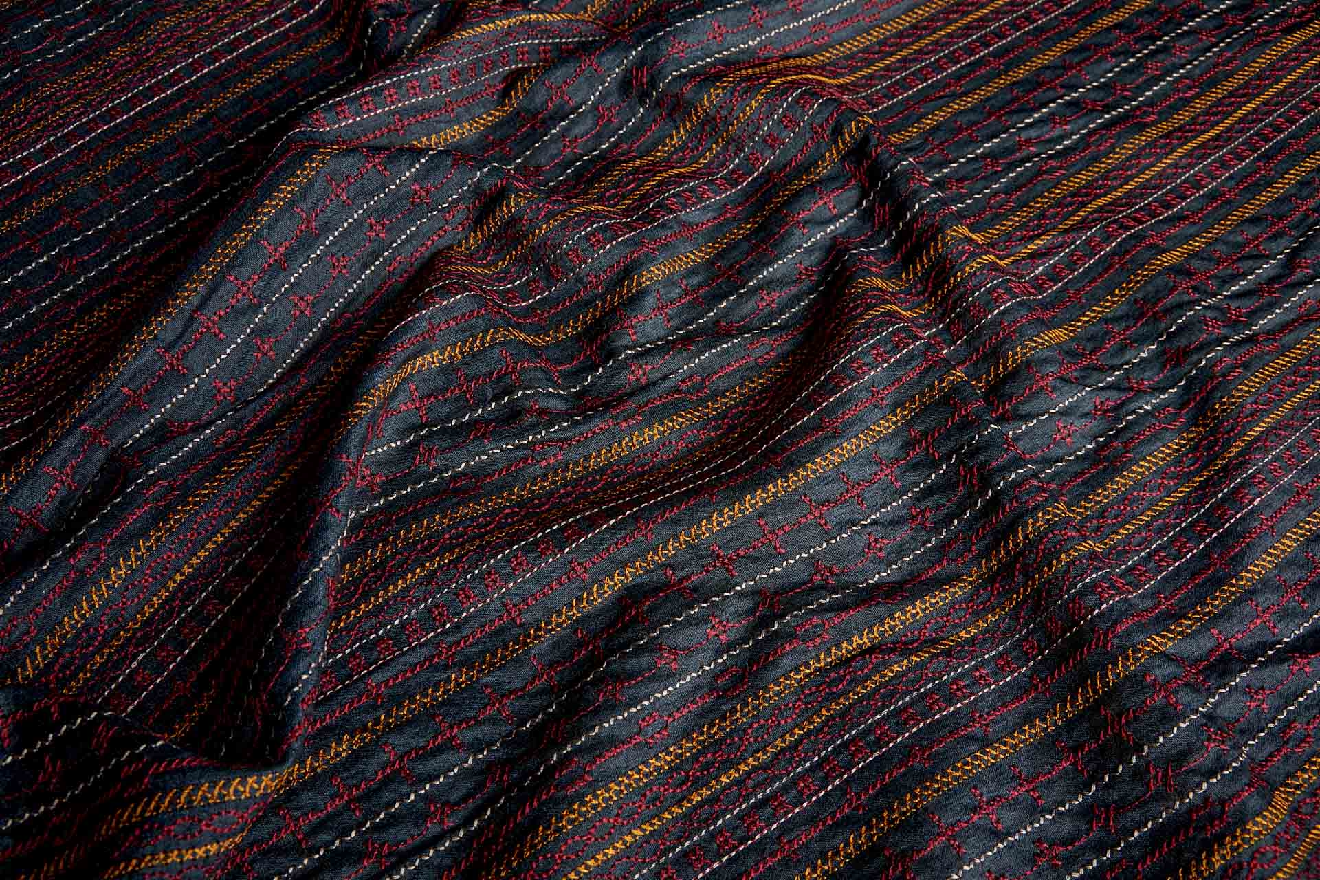 Red, Orange and Pinkish Grey Line Embroidery on Inky Black Silk Tassar / Tussah fabric, image 7 of 10