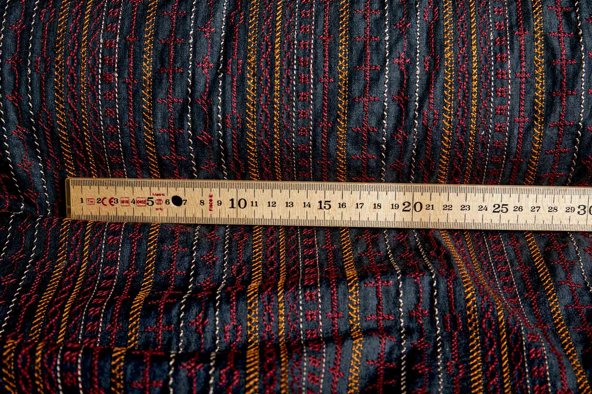 Red, Orange and Pinkish Grey Line Embroidery on Inky Black Silk Tassar / Tussah fabric, image 3 of 10