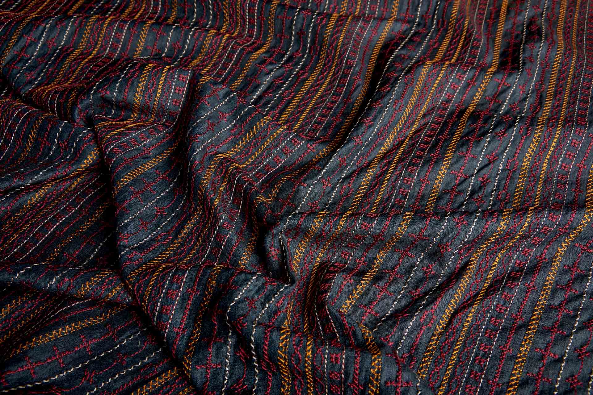 Red, Orange and Pinkish Grey Line Embroidery on Inky Black Silk Tassar / Tussah fabric, image 8 of 10