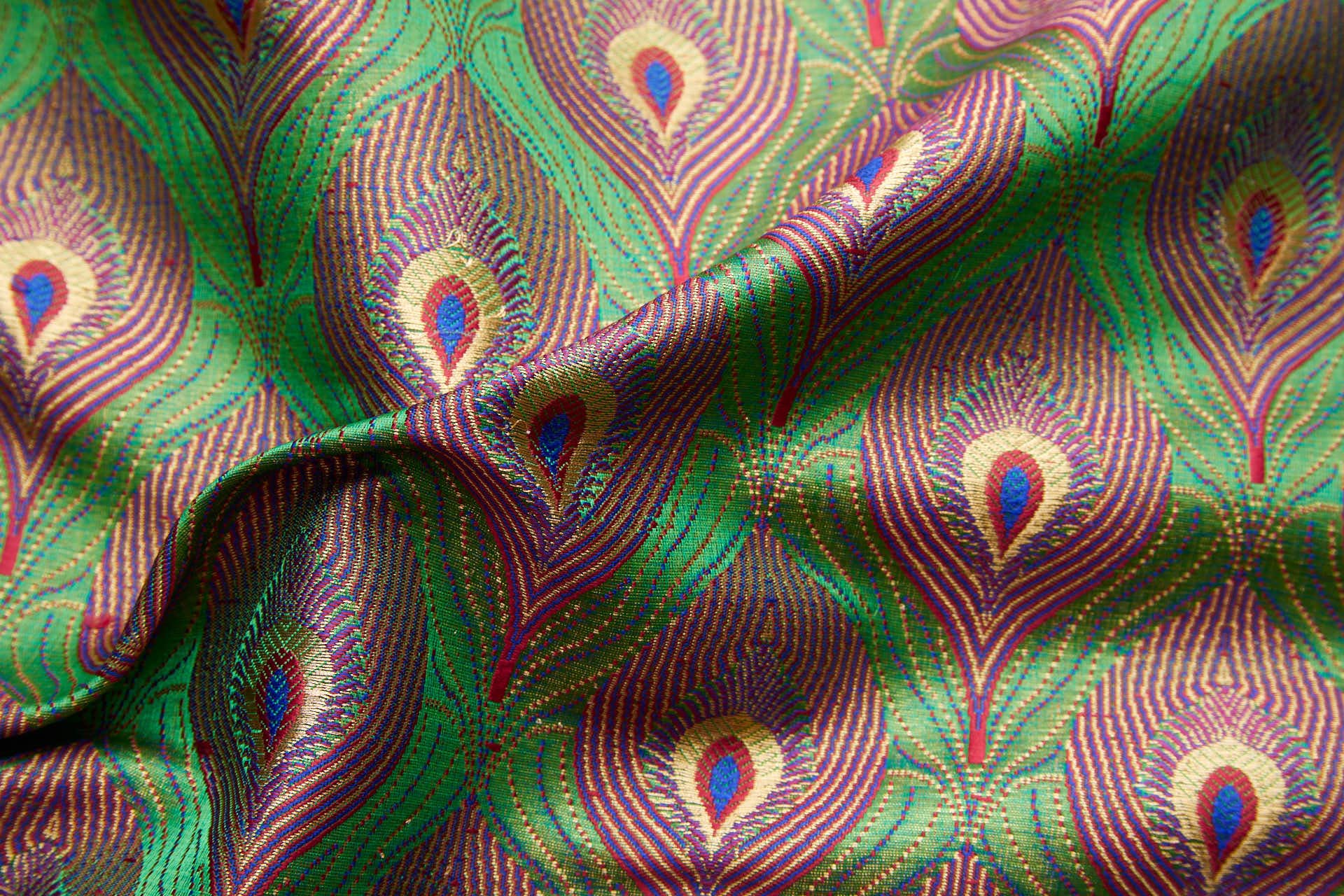 Peacock Banaras Brocade - Green fabric, image 2 of 11