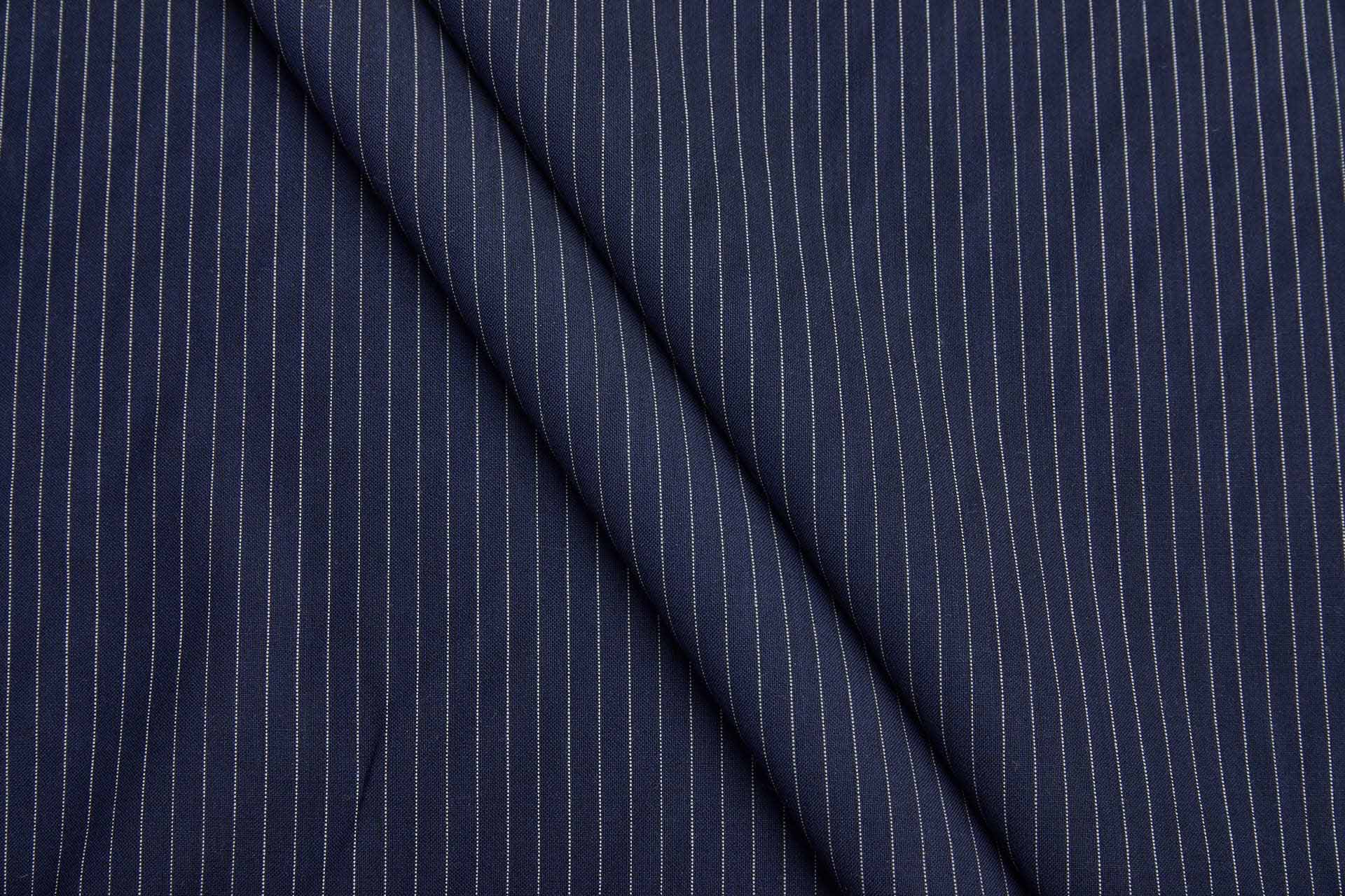 Fine Wool Pencil Stripe Suiting in Navy with Cream Pinstripe fabric