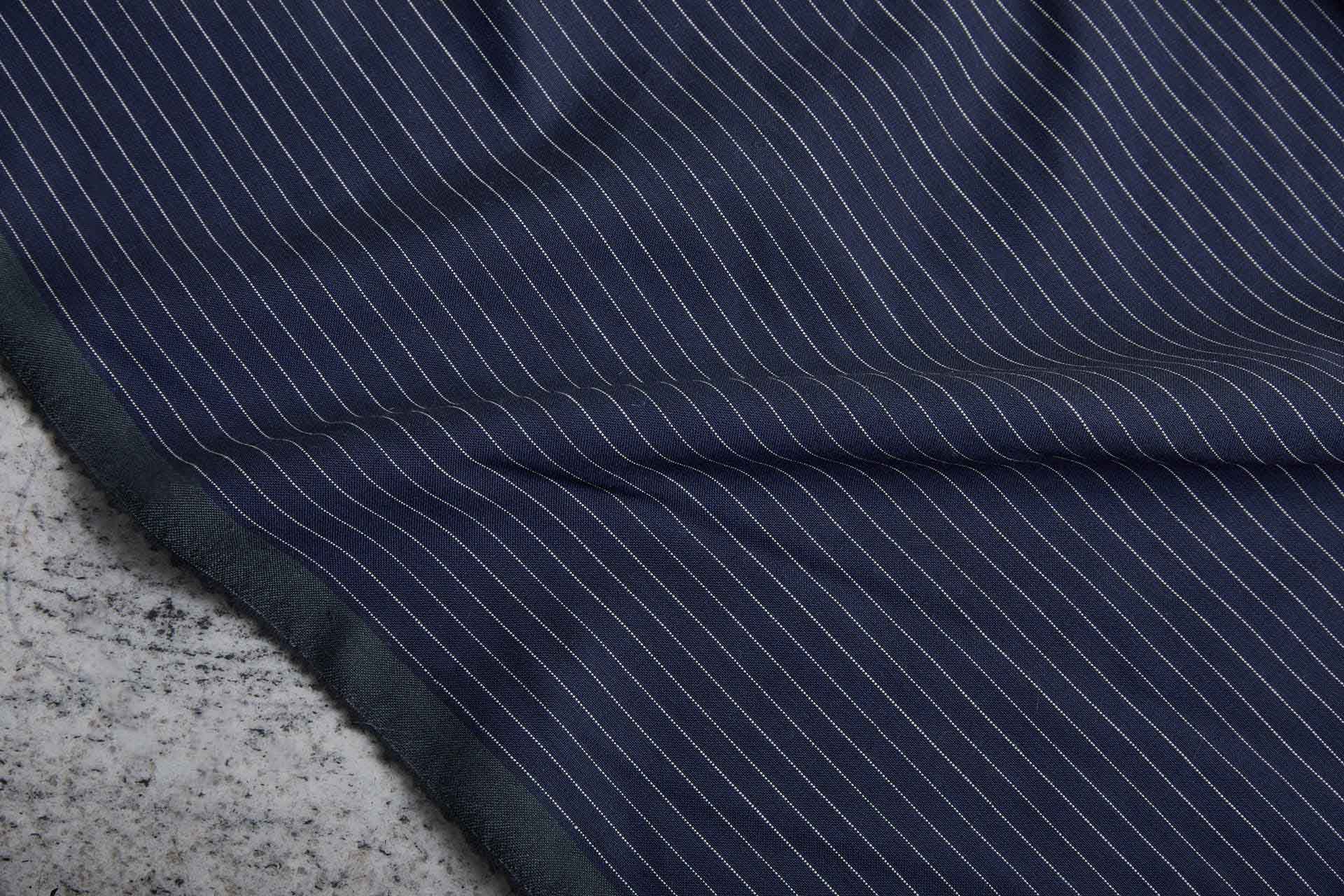 Fine Wool Pencil Stripe Suiting in Navy with Cream Pinstripe fabric, image 8 of 9