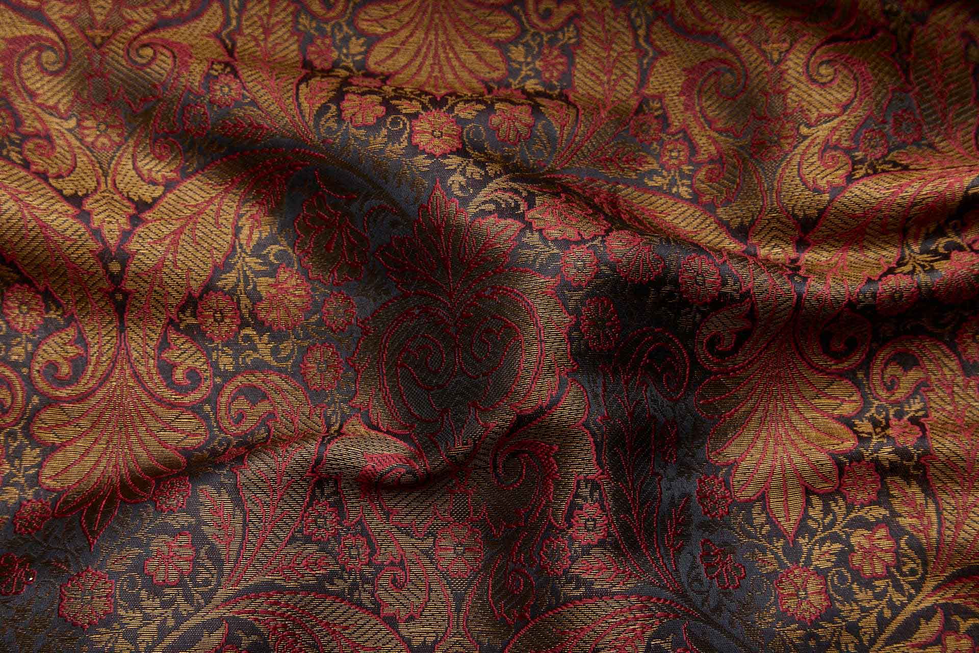 Banaras Brocade - Decorative Floral Black, Red and Brass fabric, image 2 of 9