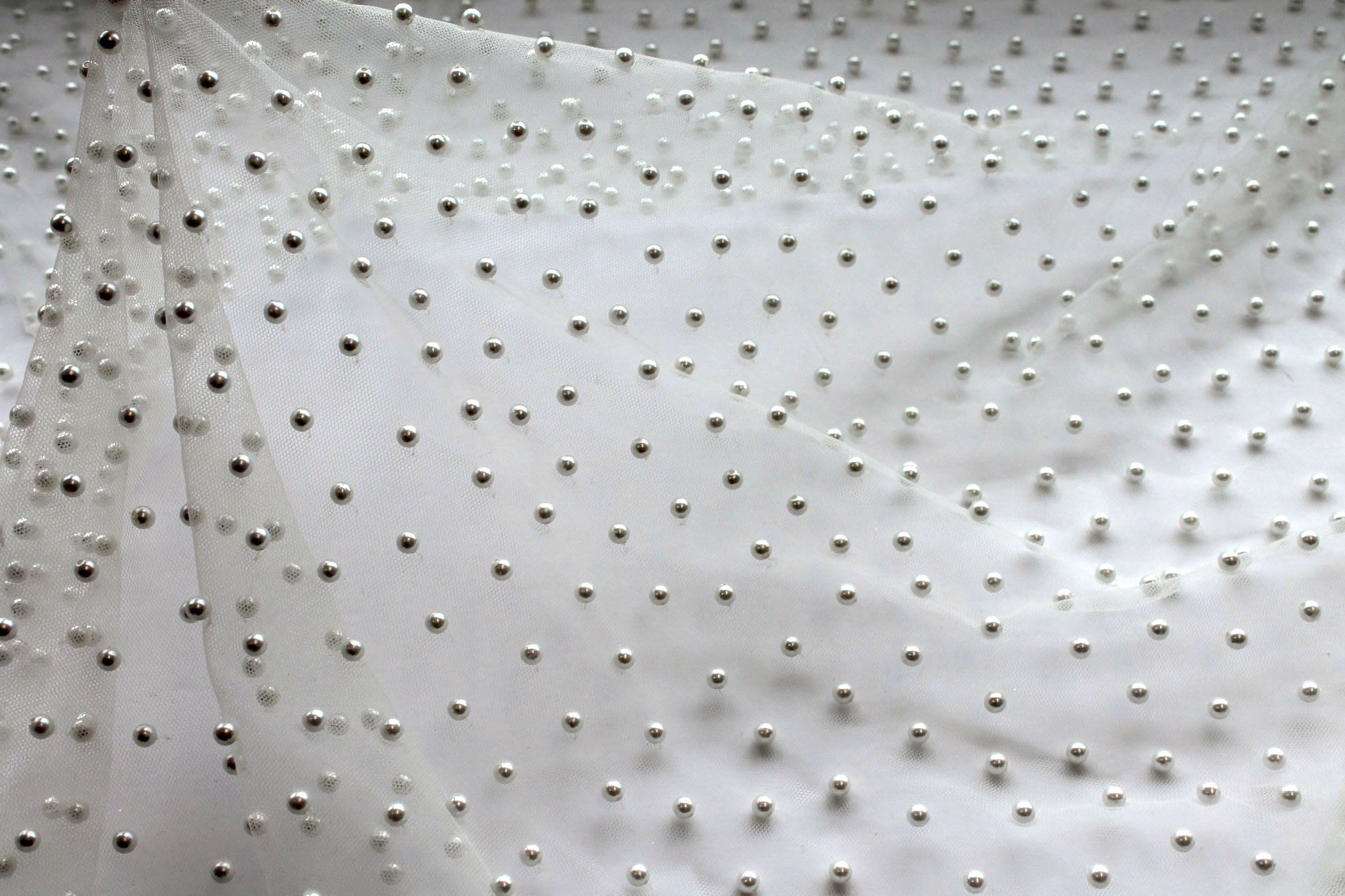 Medium Ivory Pearls on Ivory Nylon Tulle fabric, image 5 of 5