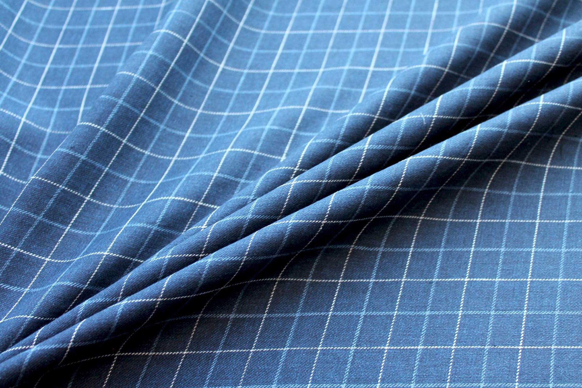 "Windowpane" Checked Linen in Navy, Mid Blue and Off White fabric, image 3 of 7