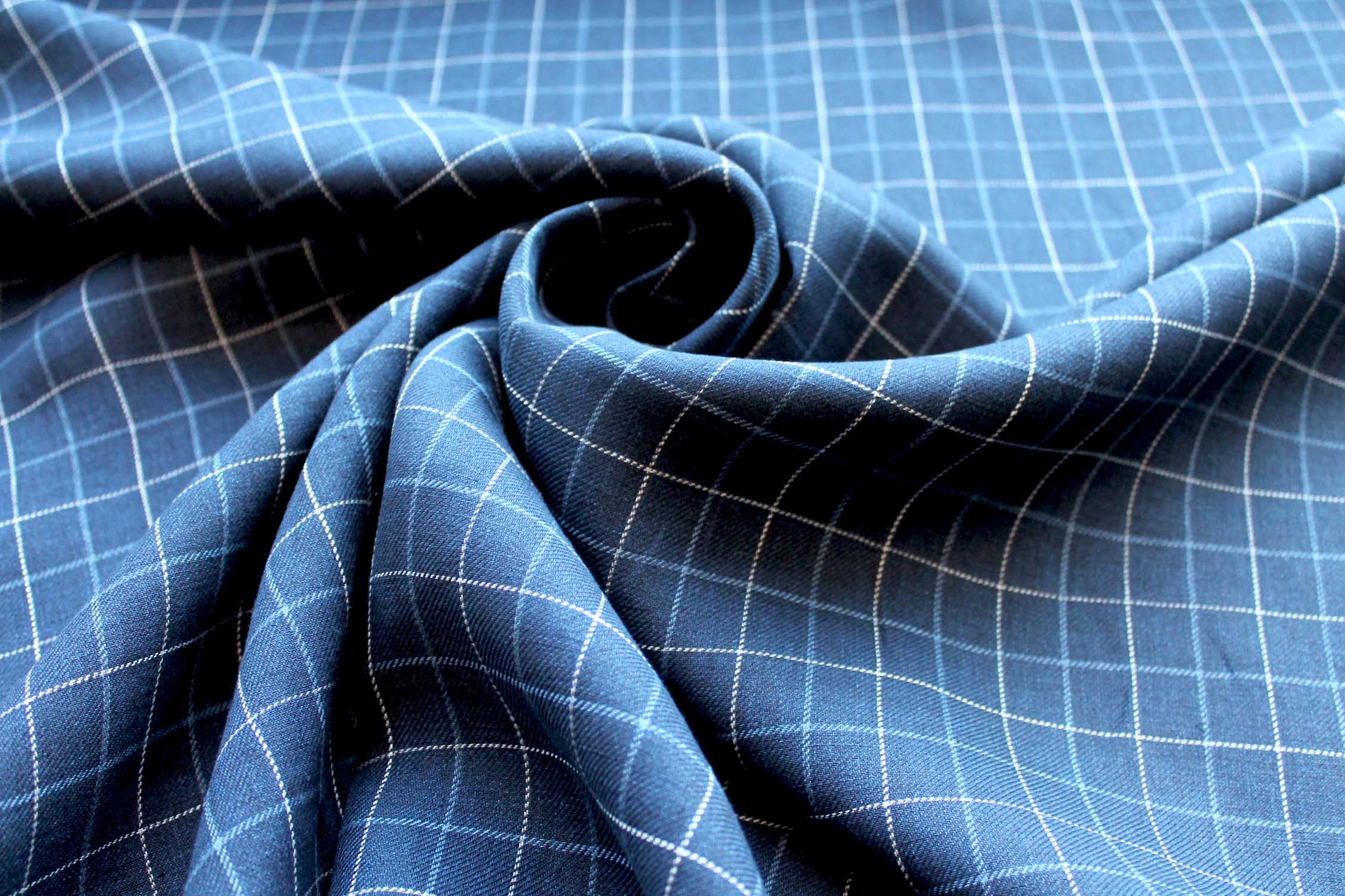 "Windowpane" Checked Linen in Navy, Mid Blue and Off White fabric
