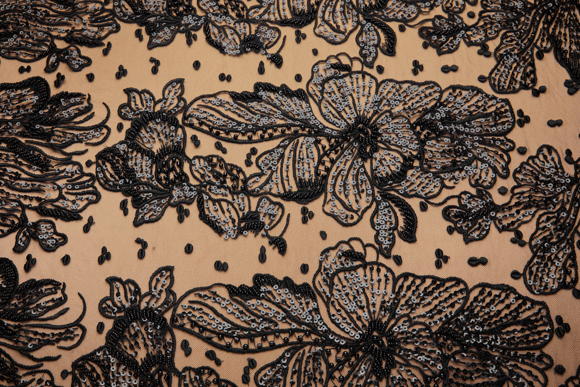 Large Beaded Floral Embroidery on Tulle - Black fabric, image 4 of 9