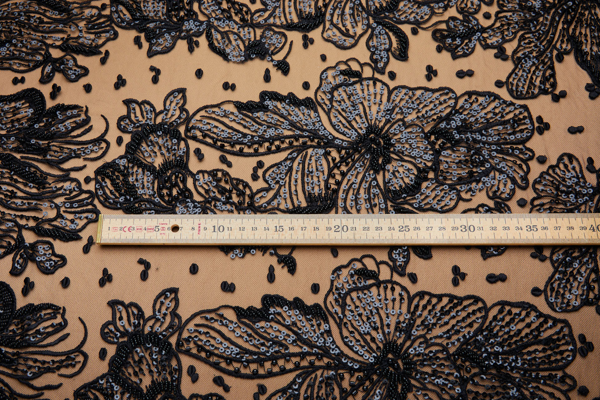 Large Beaded Floral Embroidery on Tulle - Black fabric, image 7 of 9