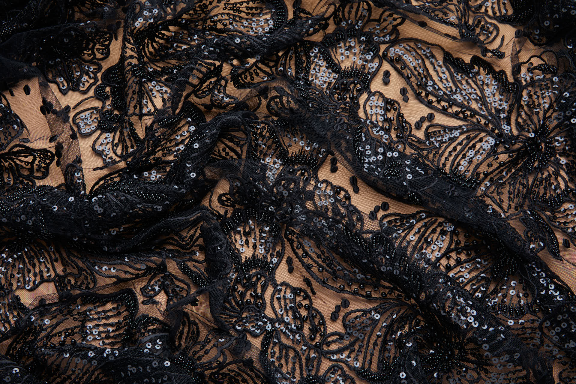 Large Beaded Floral Embroidery on Tulle - Black fabric, image 8 of 9