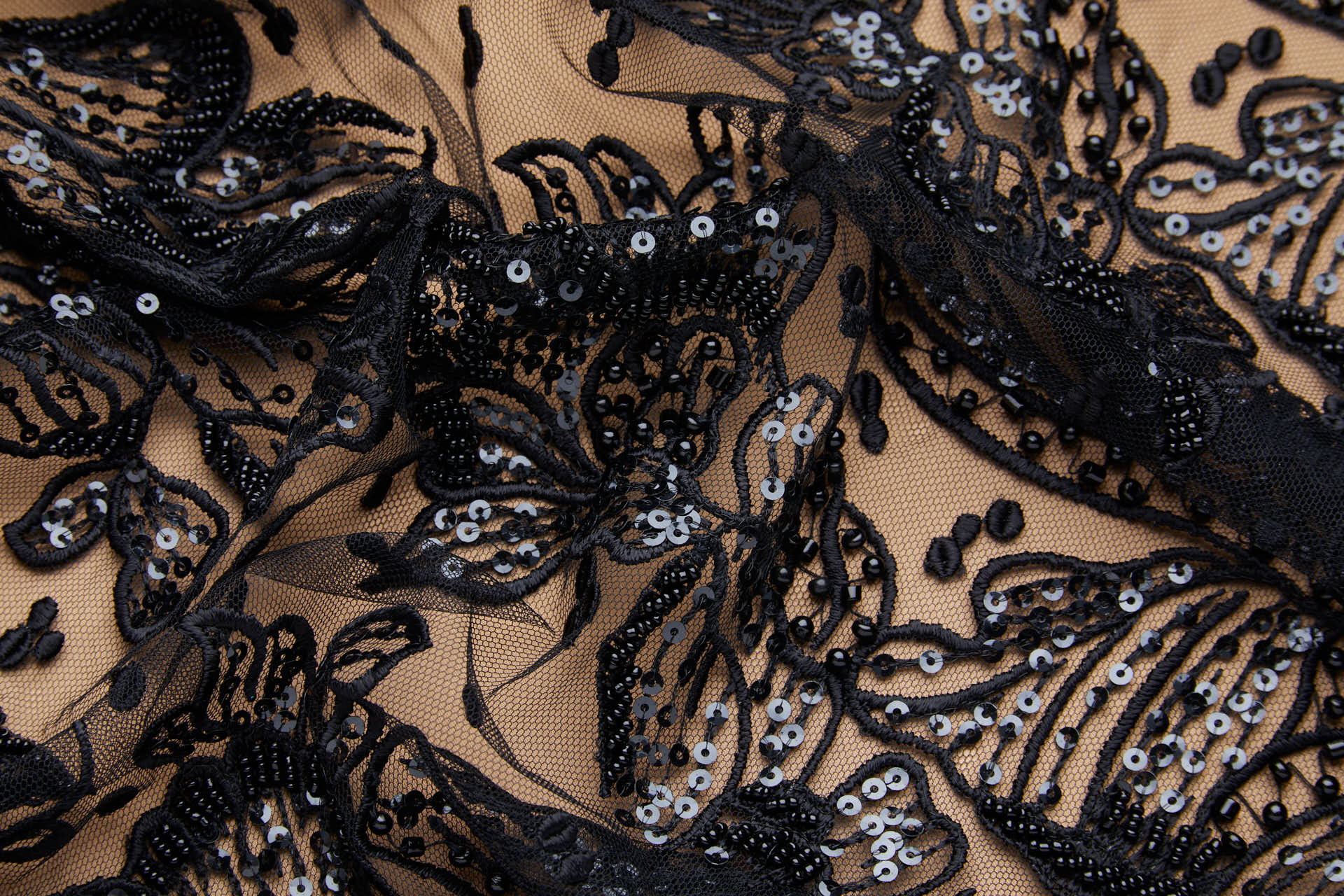Large Beaded Floral Embroidery on Tulle - Black fabric, image 3 of 9