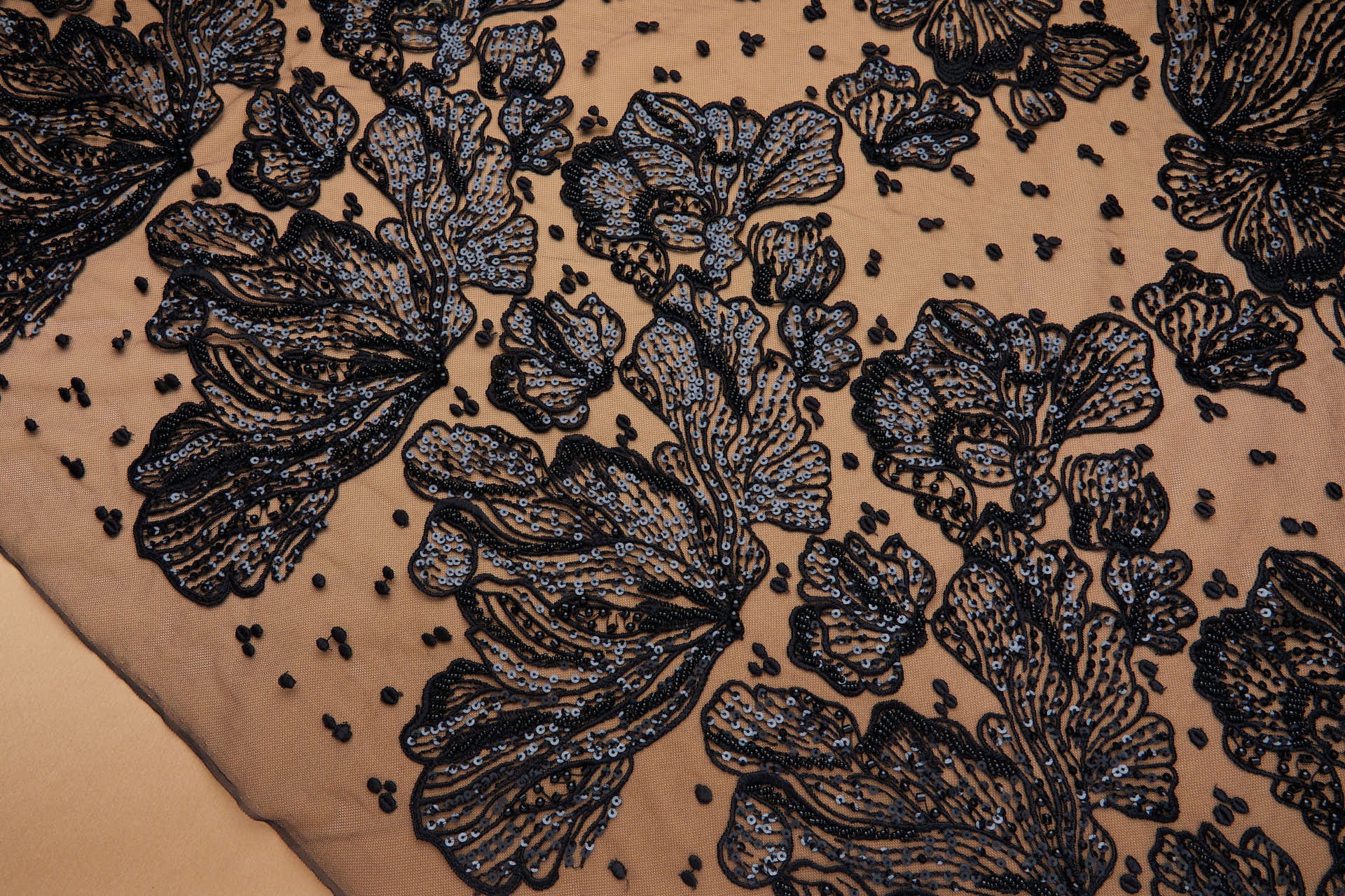 Large Beaded Floral Embroidery on Tulle - Black fabric, image 5 of 9