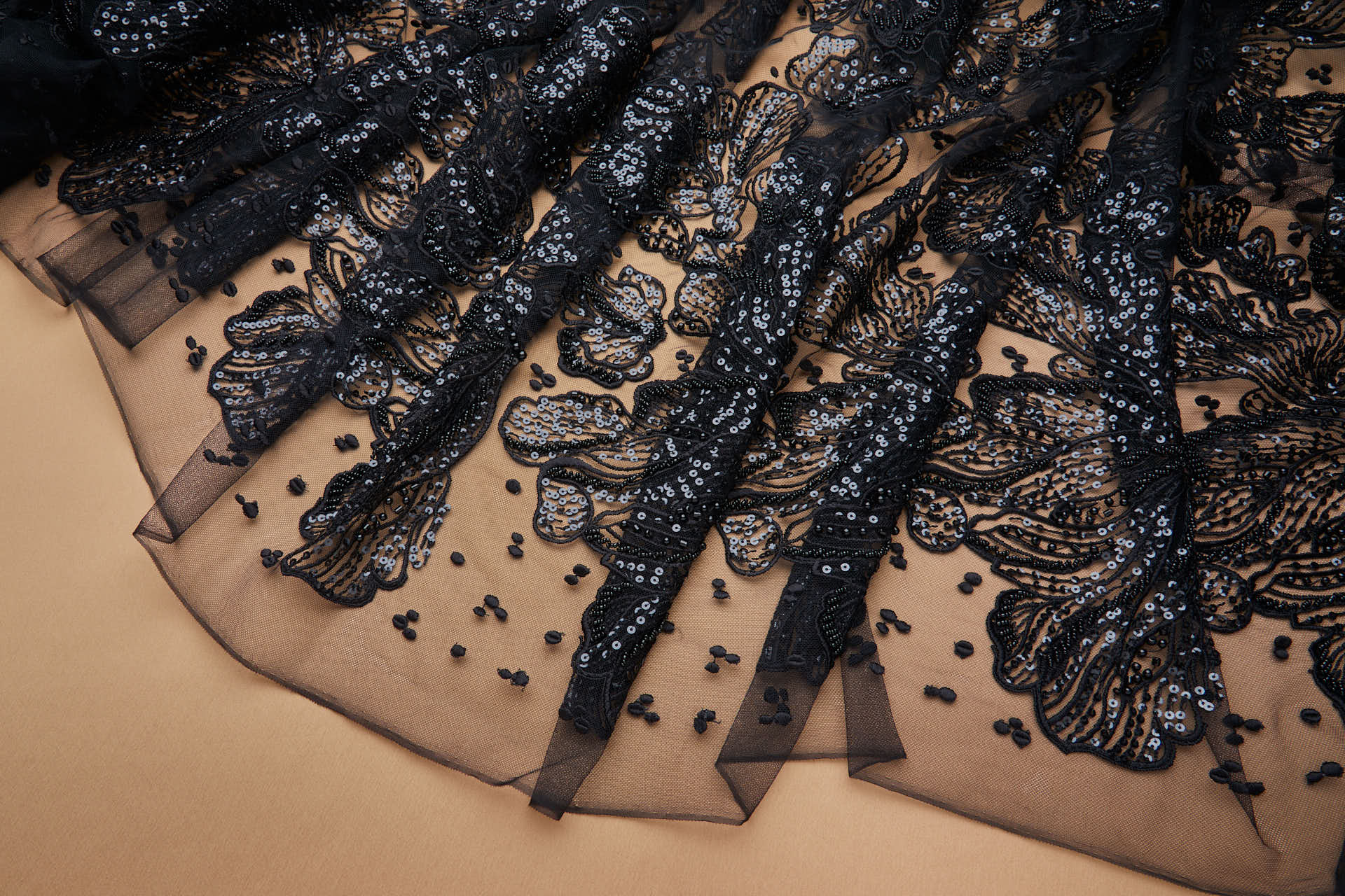 Large Beaded Floral Embroidery on Tulle - Black fabric, image 2 of 9