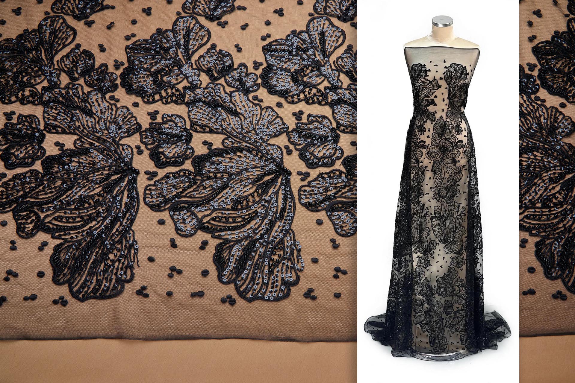 Large Beaded Floral Embroidery on Tulle - Black fabric