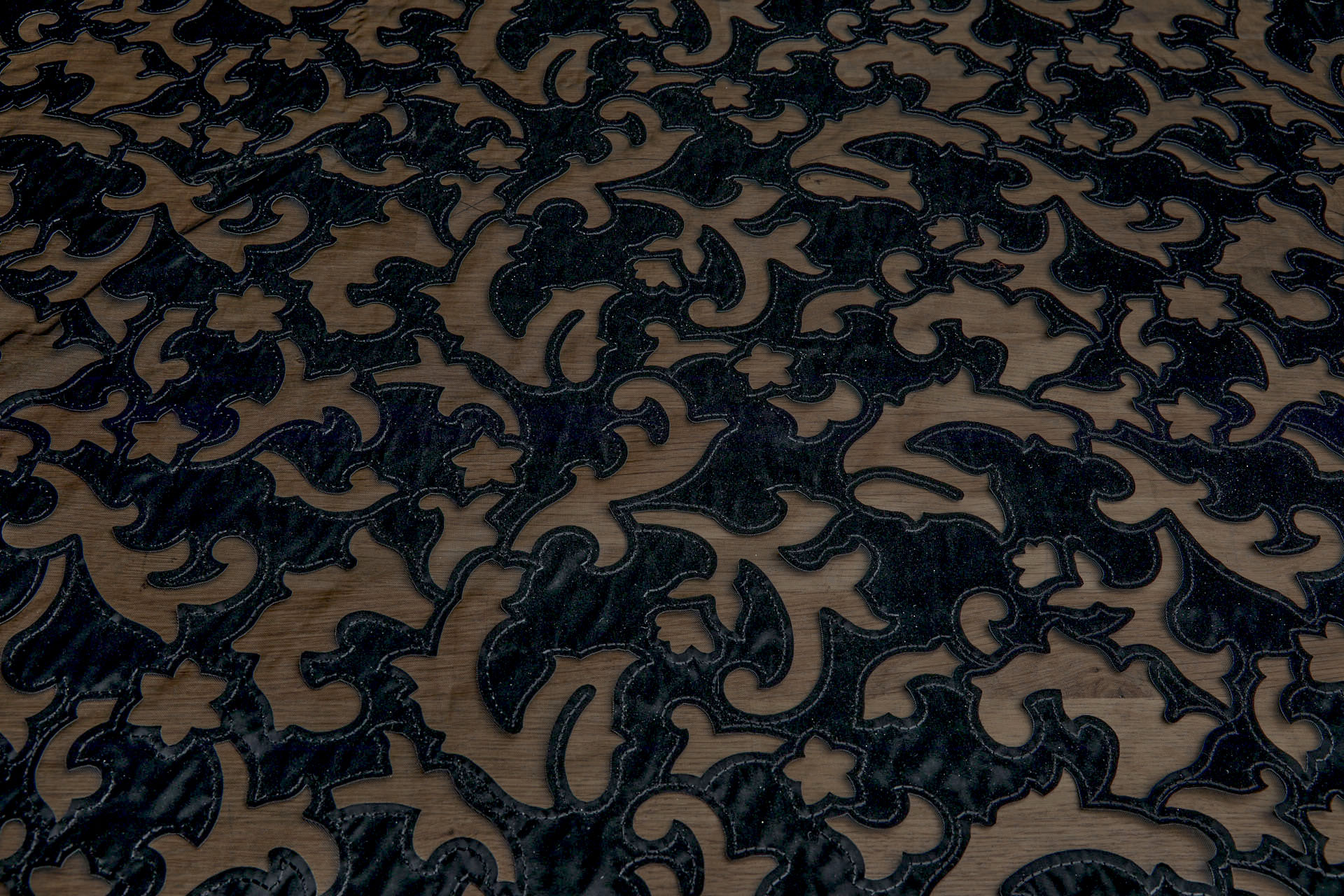 Black Laser Cut and Applique Soft Vinyl Swirls on Glass Organza fabric, image 8 of 8