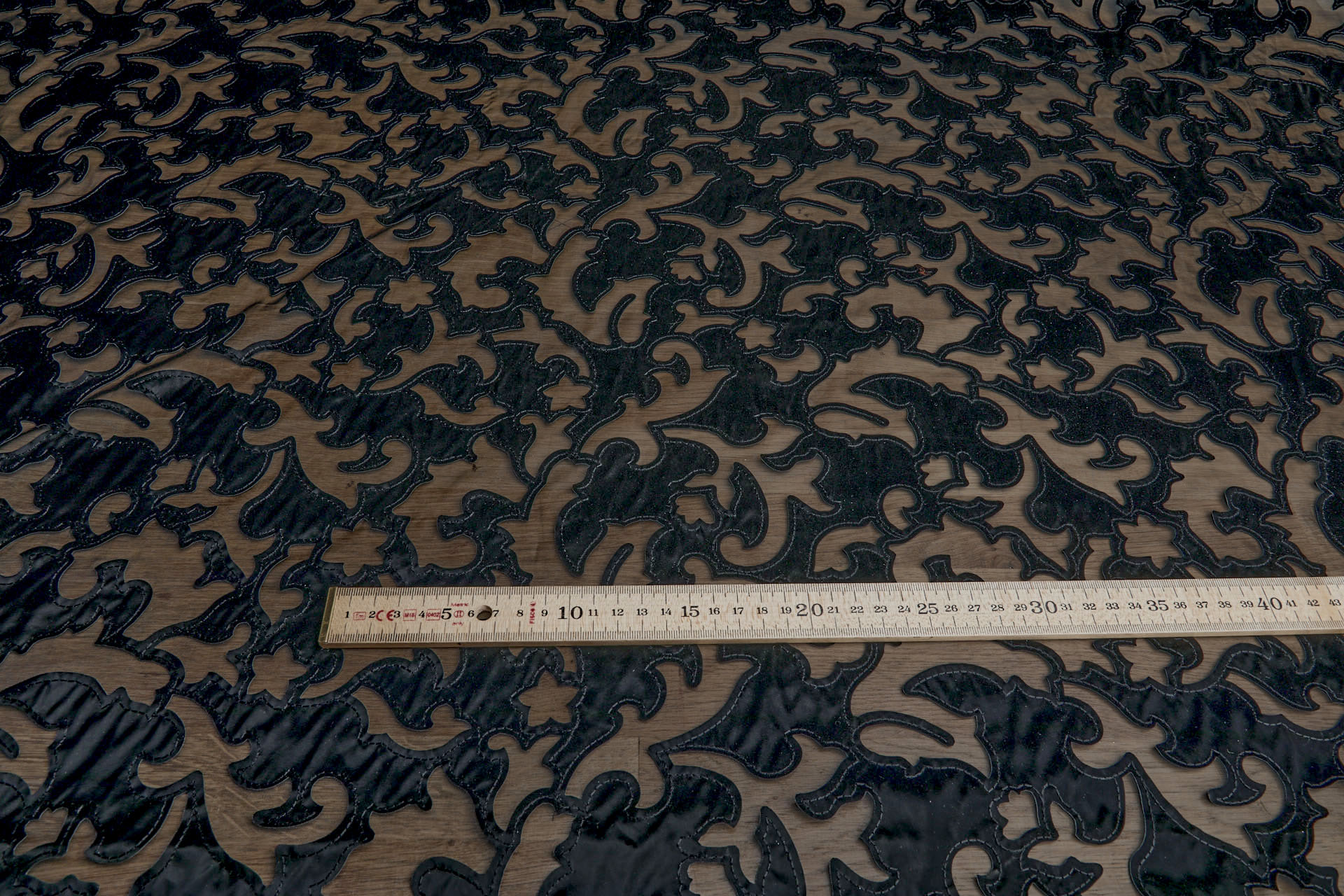 Black Laser Cut and Applique Soft Vinyl Swirls on Glass Organza fabric, image 2 of 8
