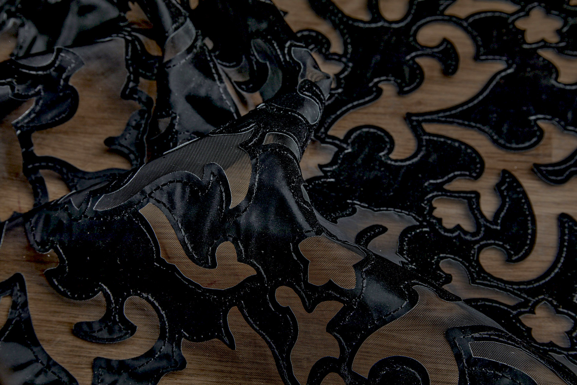 Black Laser Cut and Applique Soft Vinyl Swirls on Glass Organza fabric, image 3 of 8