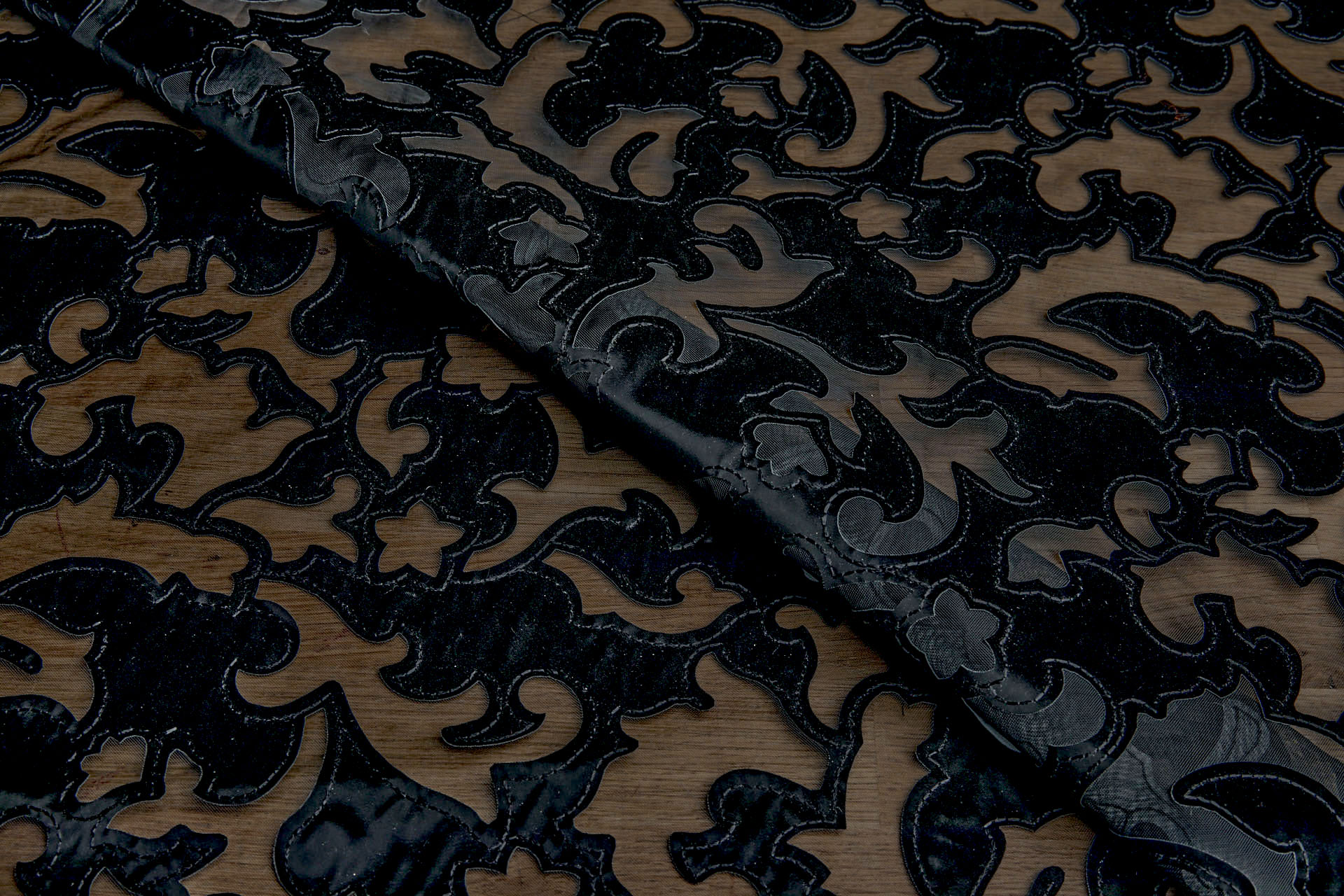 Black Laser Cut and Applique Soft Vinyl Swirls on Glass Organza fabric
