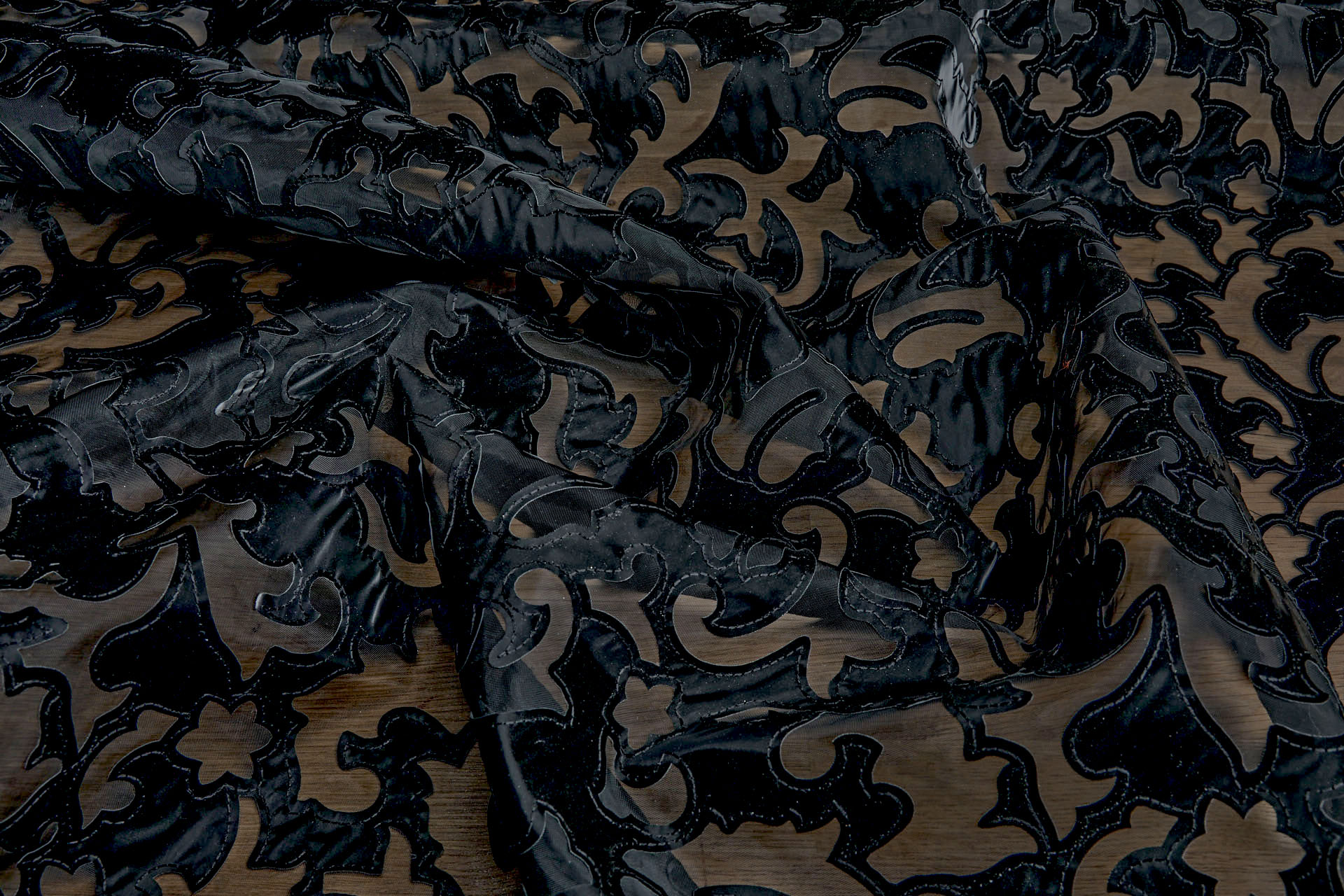 Black Laser Cut and Applique Soft Vinyl Swirls on Glass Organza fabric, image 4 of 8