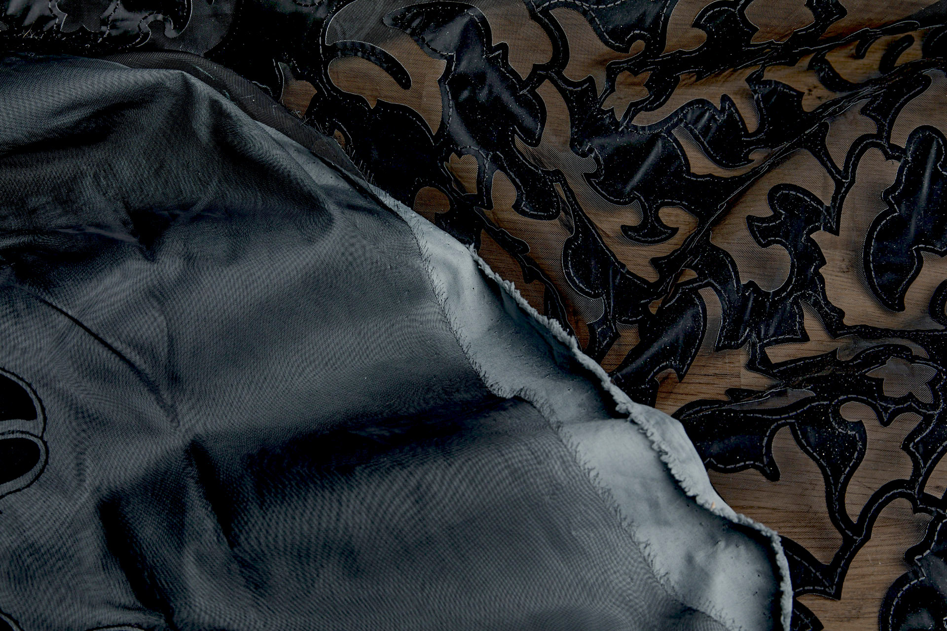Black Laser Cut and Applique Soft Vinyl Swirls on Glass Organza fabric, image 5 of 8