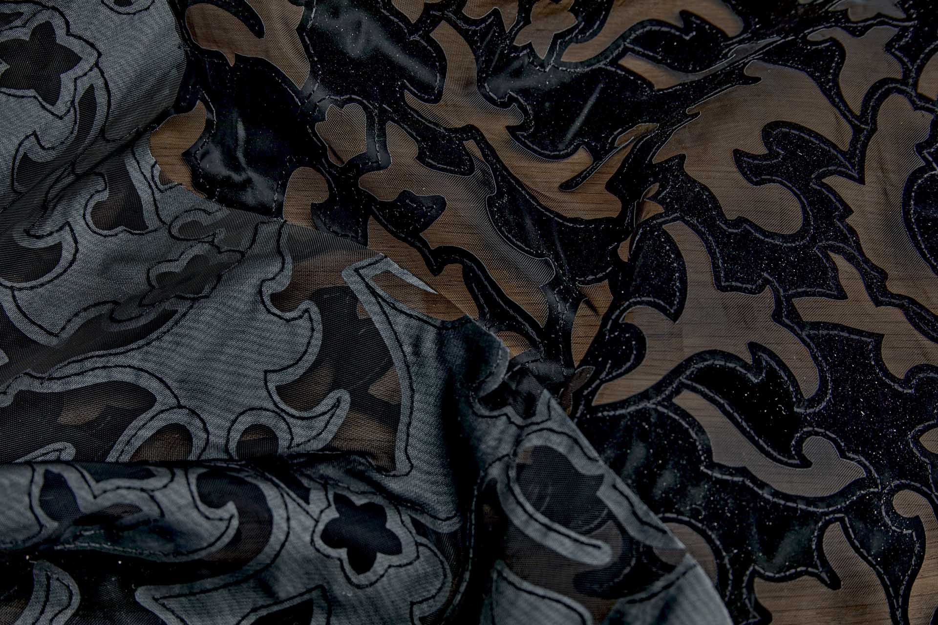 Black Laser Cut and Applique Soft Vinyl Swirls on Glass Organza fabric, image 6 of 8