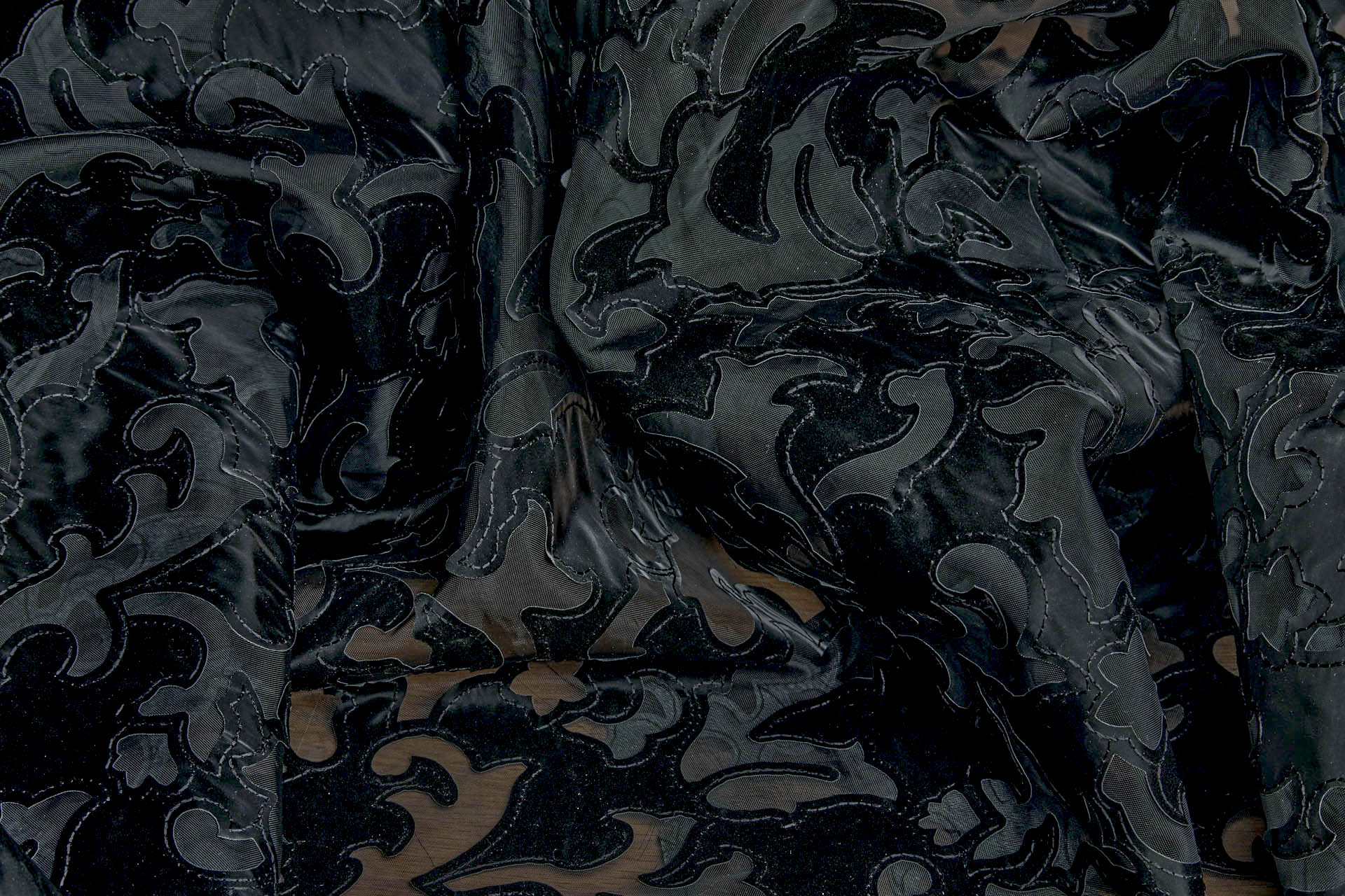 Black Laser Cut and Applique Soft Vinyl Swirls on Glass Organza fabric, image 7 of 8