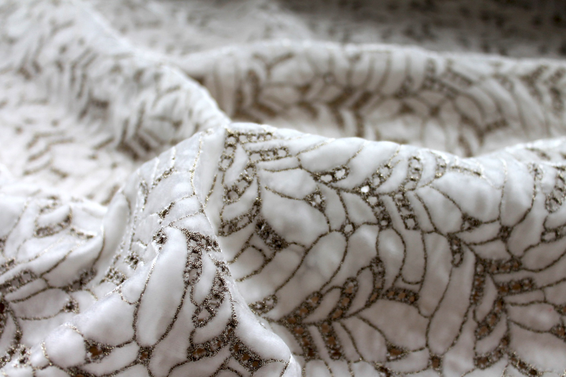 Ornate Gold Leaf Embroidery on Ivory Silk Velvet fabric, image 4 of 5