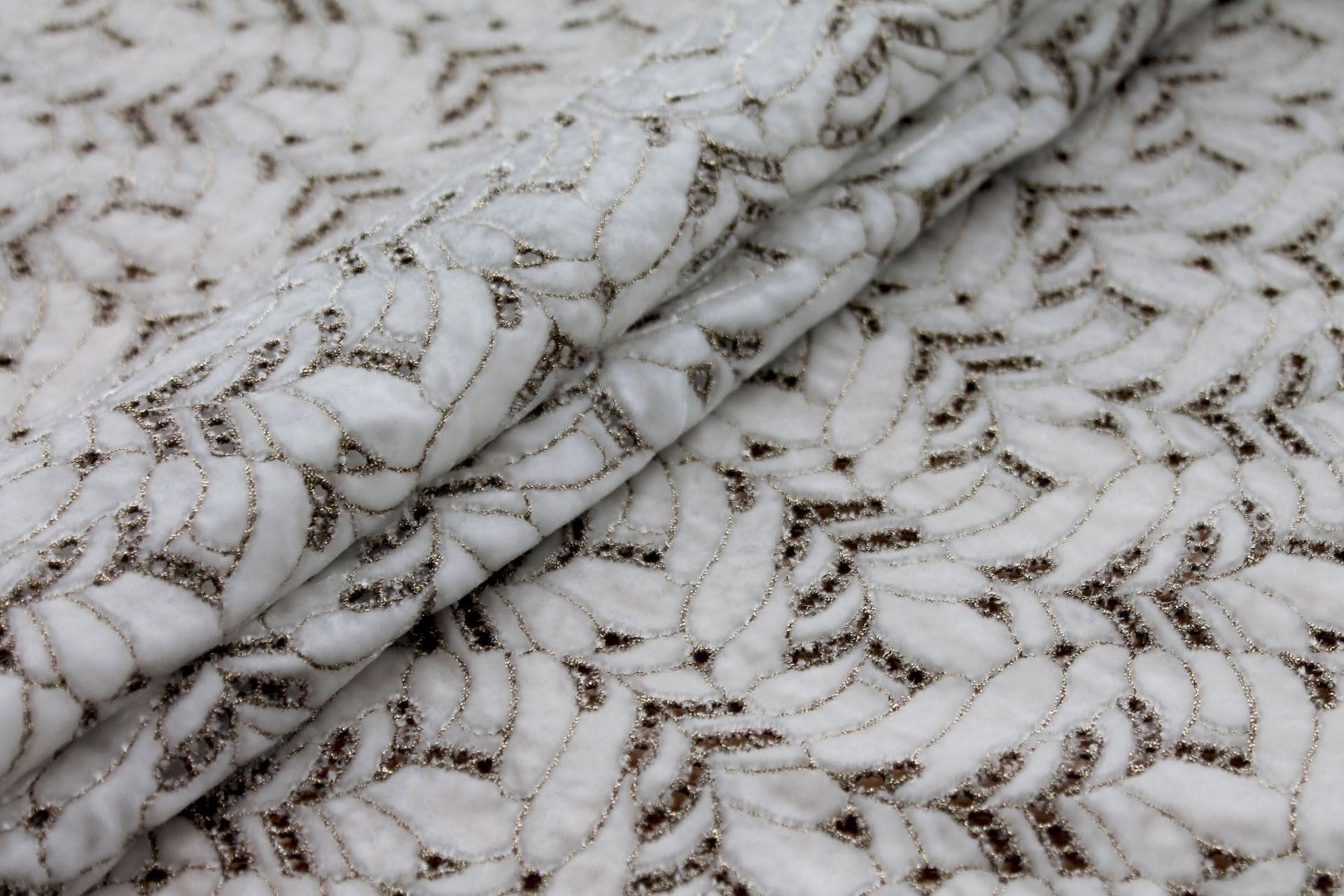 Ornate Gold Leaf Embroidery on Ivory Silk Velvet fabric