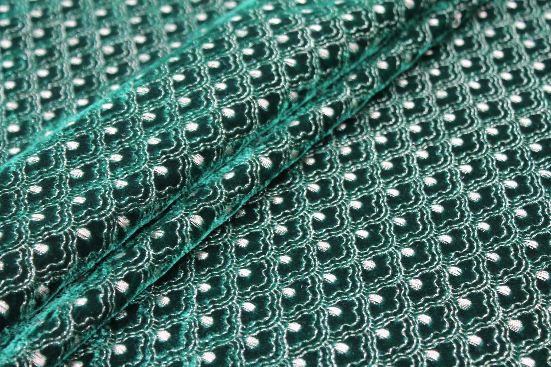 Ornate Gold Scale Embroidery on Emerald Green Silk Velvet fabric
