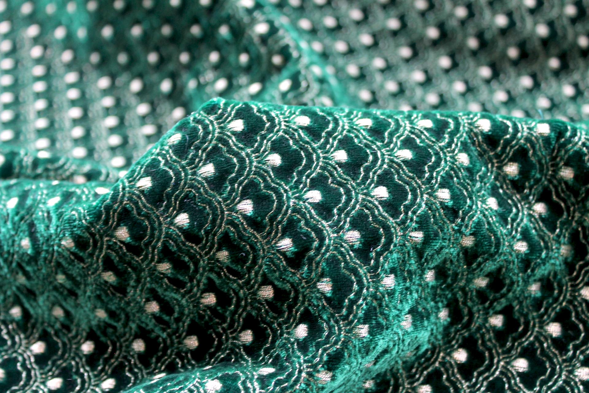Ornate Gold Scale Embroidery on Emerald Green Silk Velvet fabric, image 4 of 5