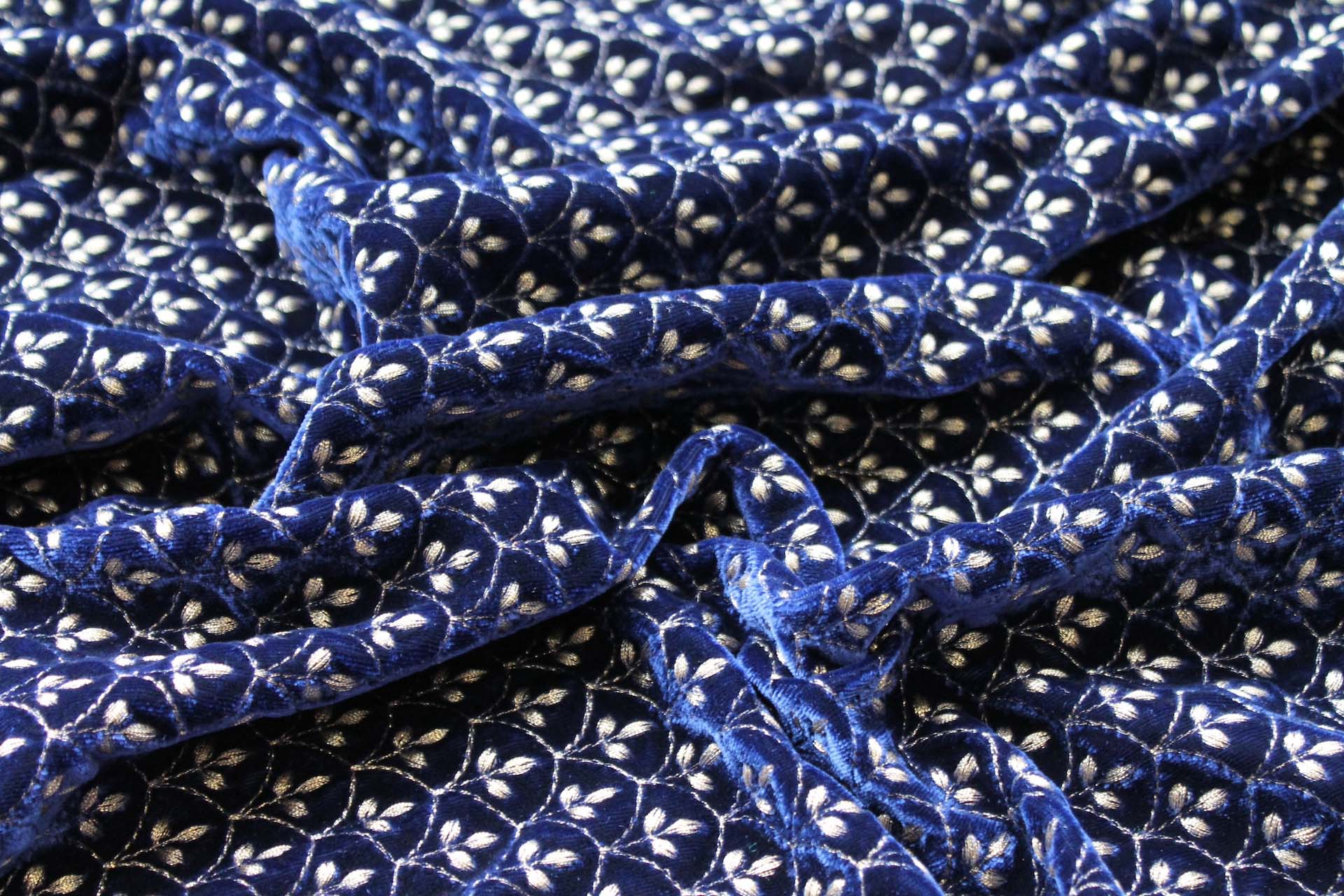 Ornate Gold Scale Embroidery on Royal Blue Silk Velvet fabric, image 3 of 5
