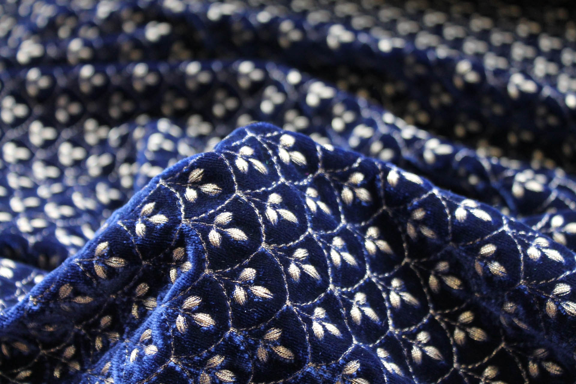 Ornate Gold Scale Embroidery on Royal Blue Silk Velvet fabric, image 4 of 5