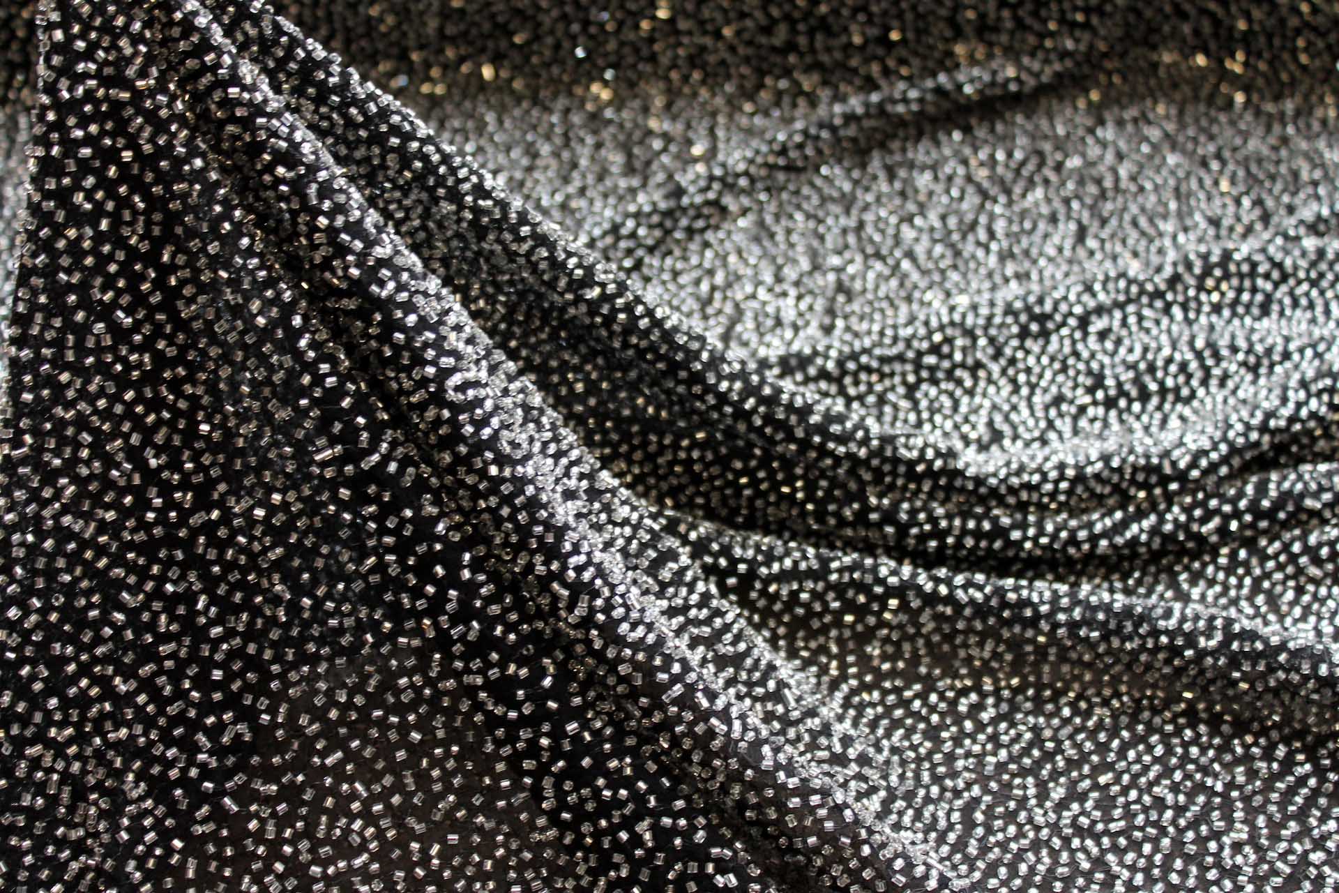 Beaded Silk Chiffon - New Black Silver fabric