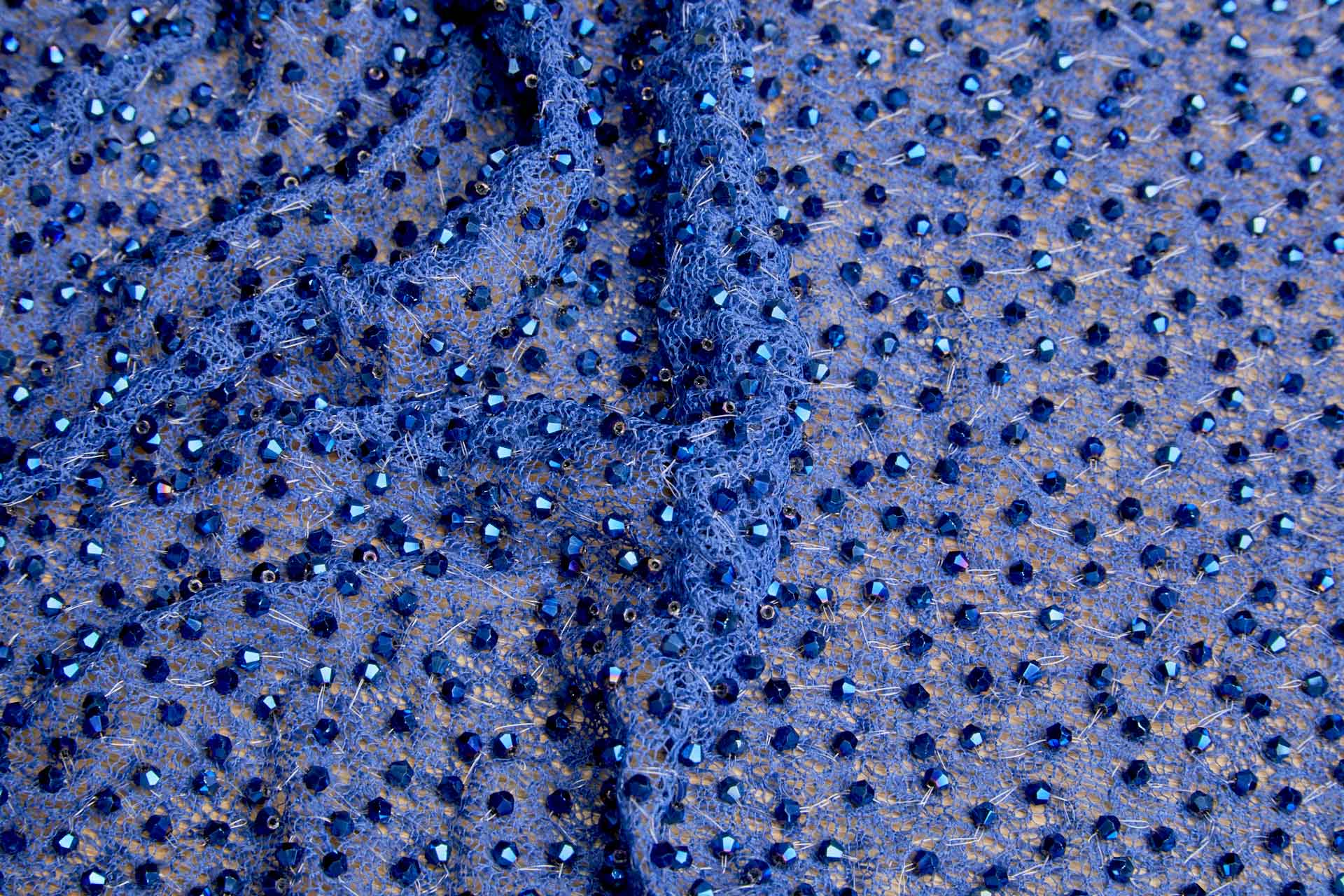 Faceted Crystal Beads on Mesh - Peacock Blue fabric, image 2 of 5