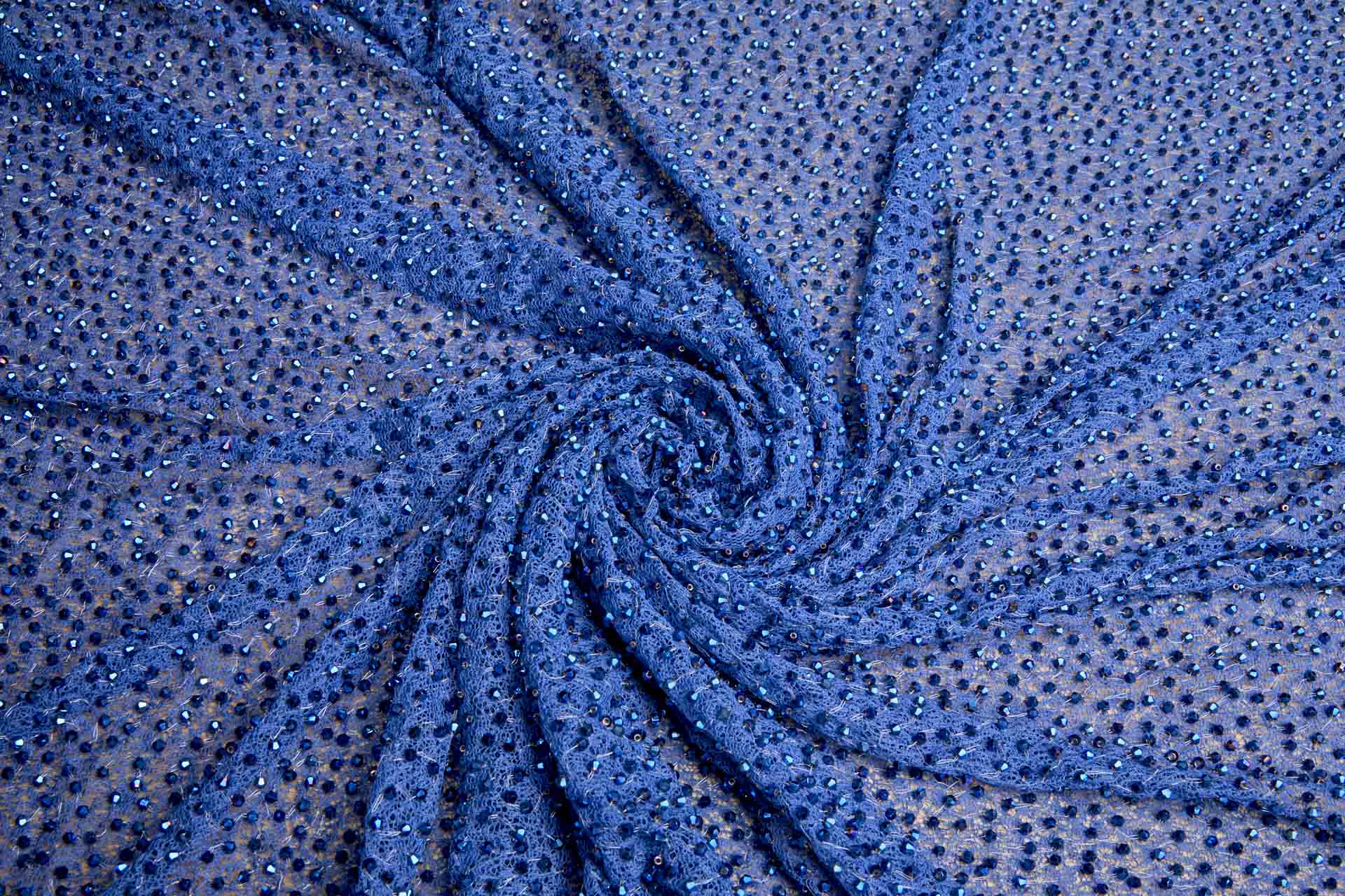 Faceted Crystal Beads on Mesh - Peacock Blue fabric