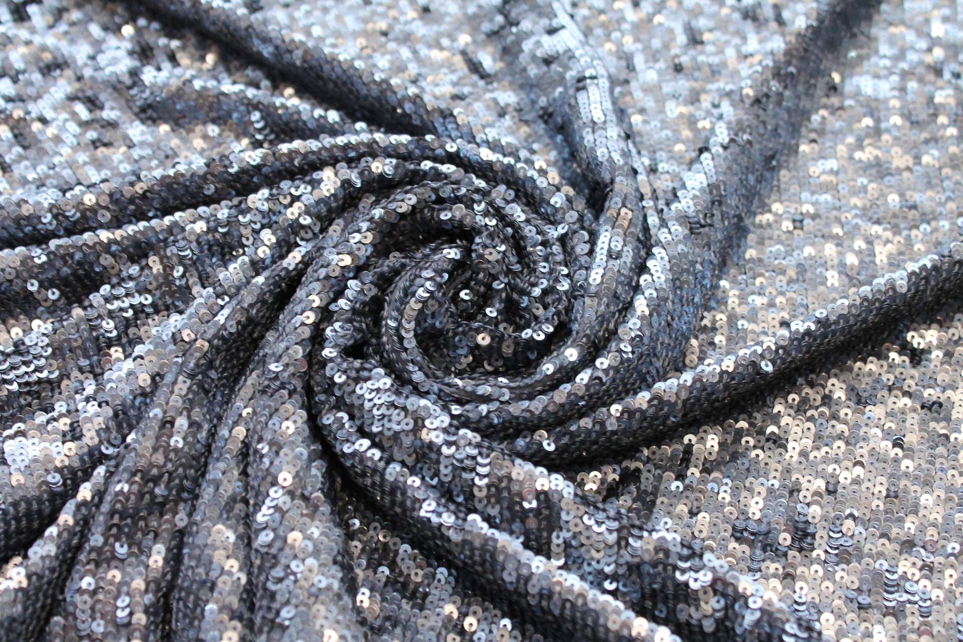 Overlapping Micro Sequin On Silk Chiffon - Blue Grey on Grey fabric